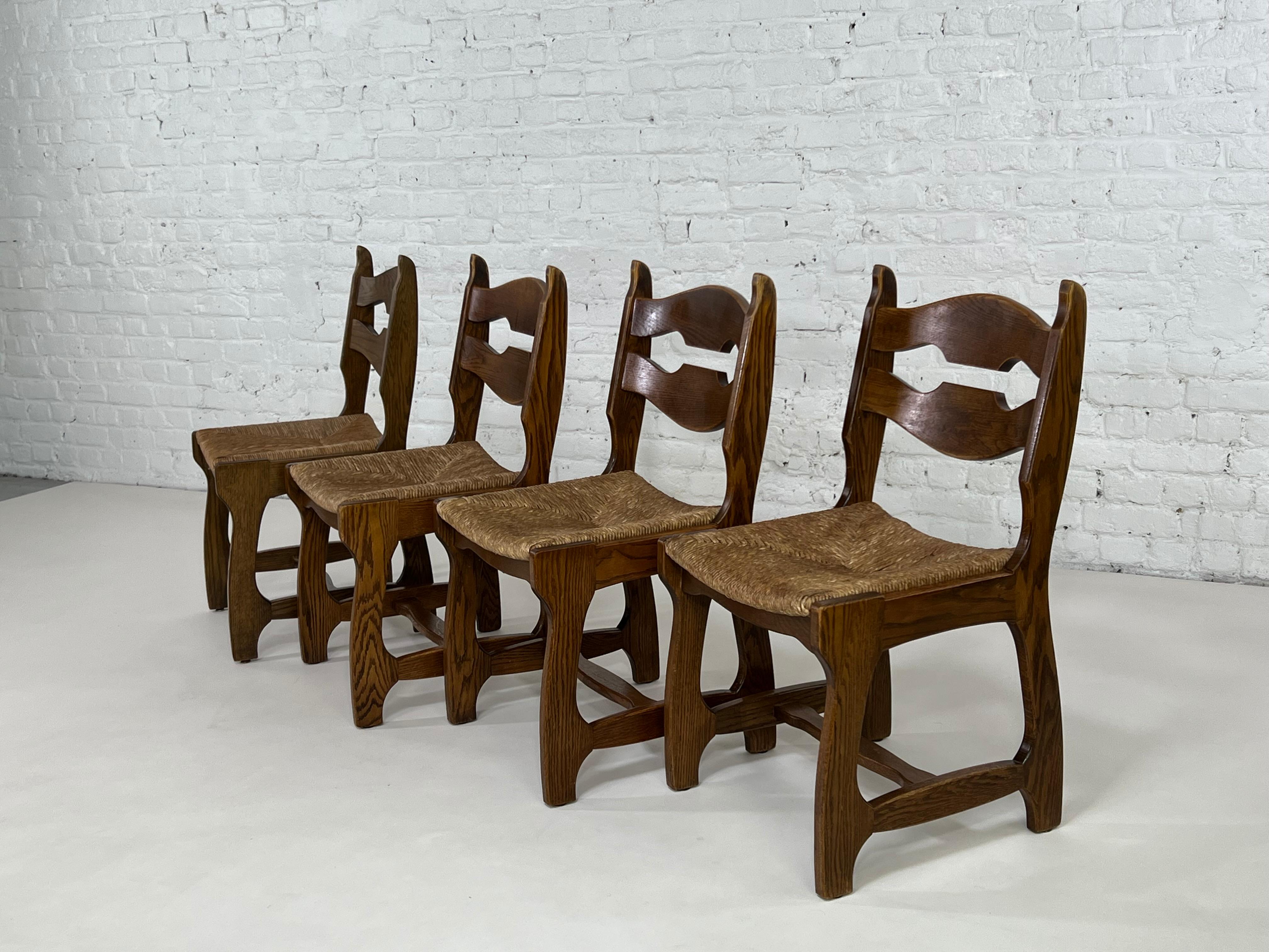 Guillerme & Chambron Oak Wooden And Braided Straw Seats Set of 4 Chairs 4