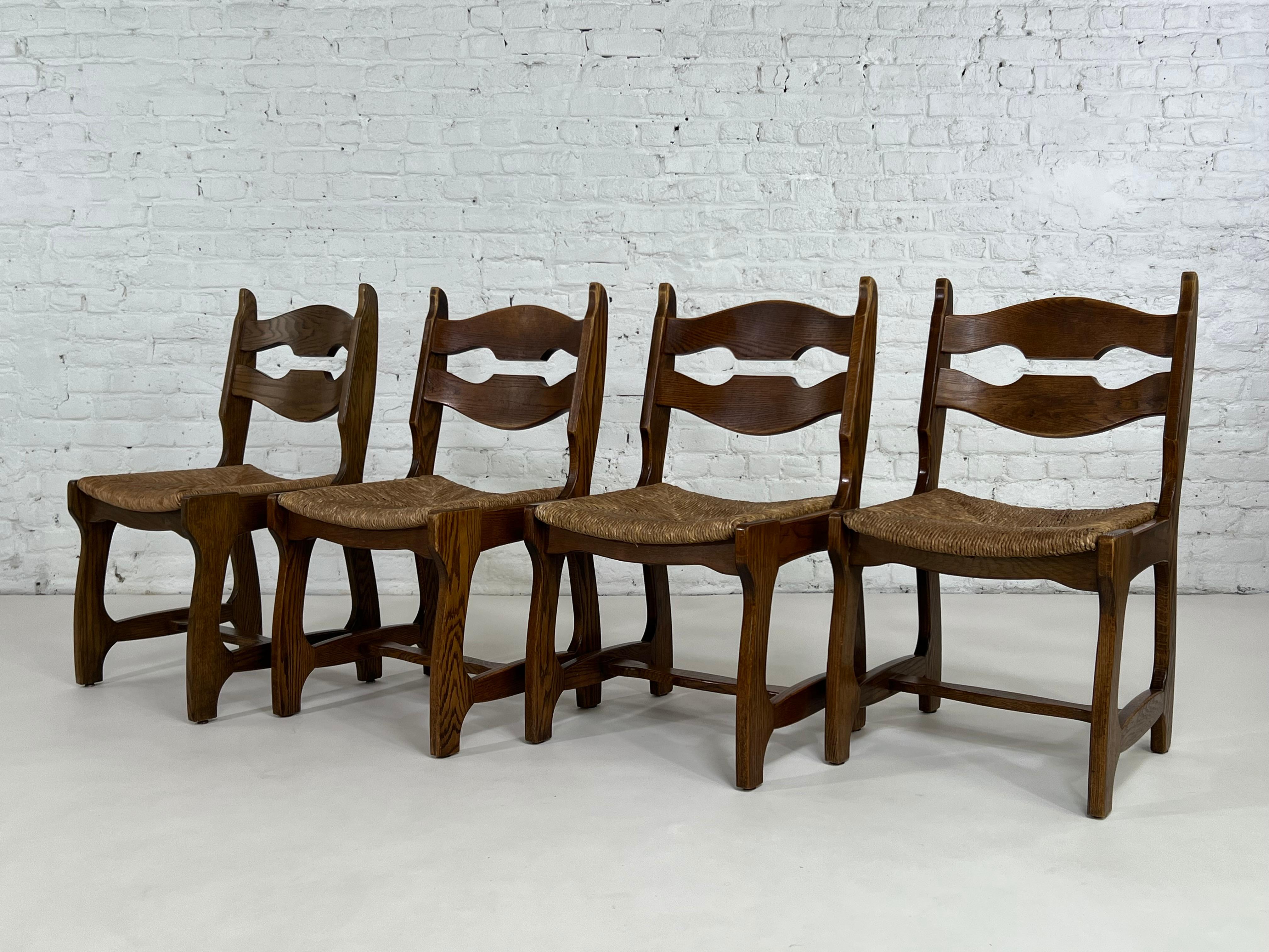 Mid-Century Modern Guillerme & Chambron Oak Wooden And Braided Straw Seats Set of 4 Chairs