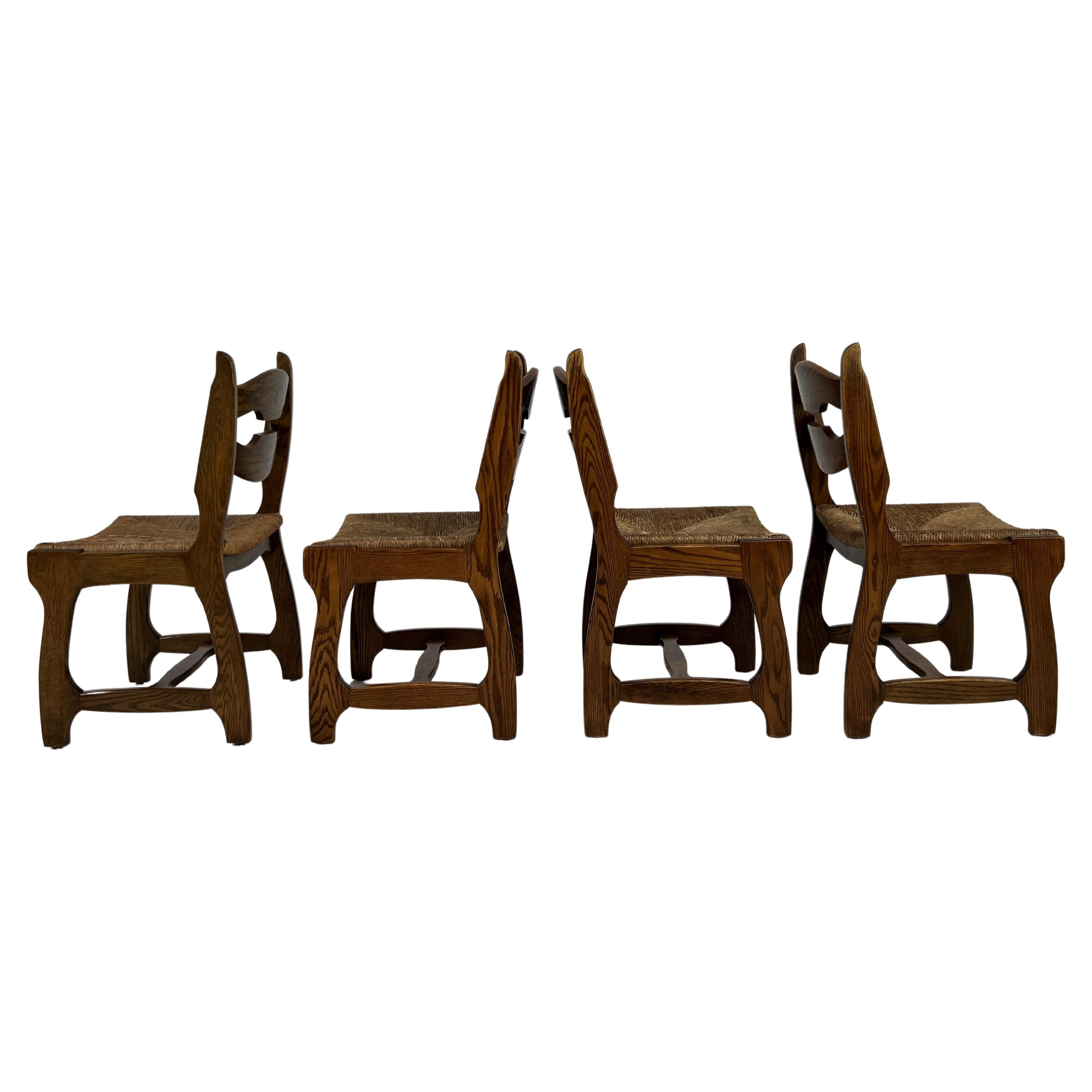 Guillerme & Chambron Oak Wooden And Braided Straw Seats Set of 4 Chairs