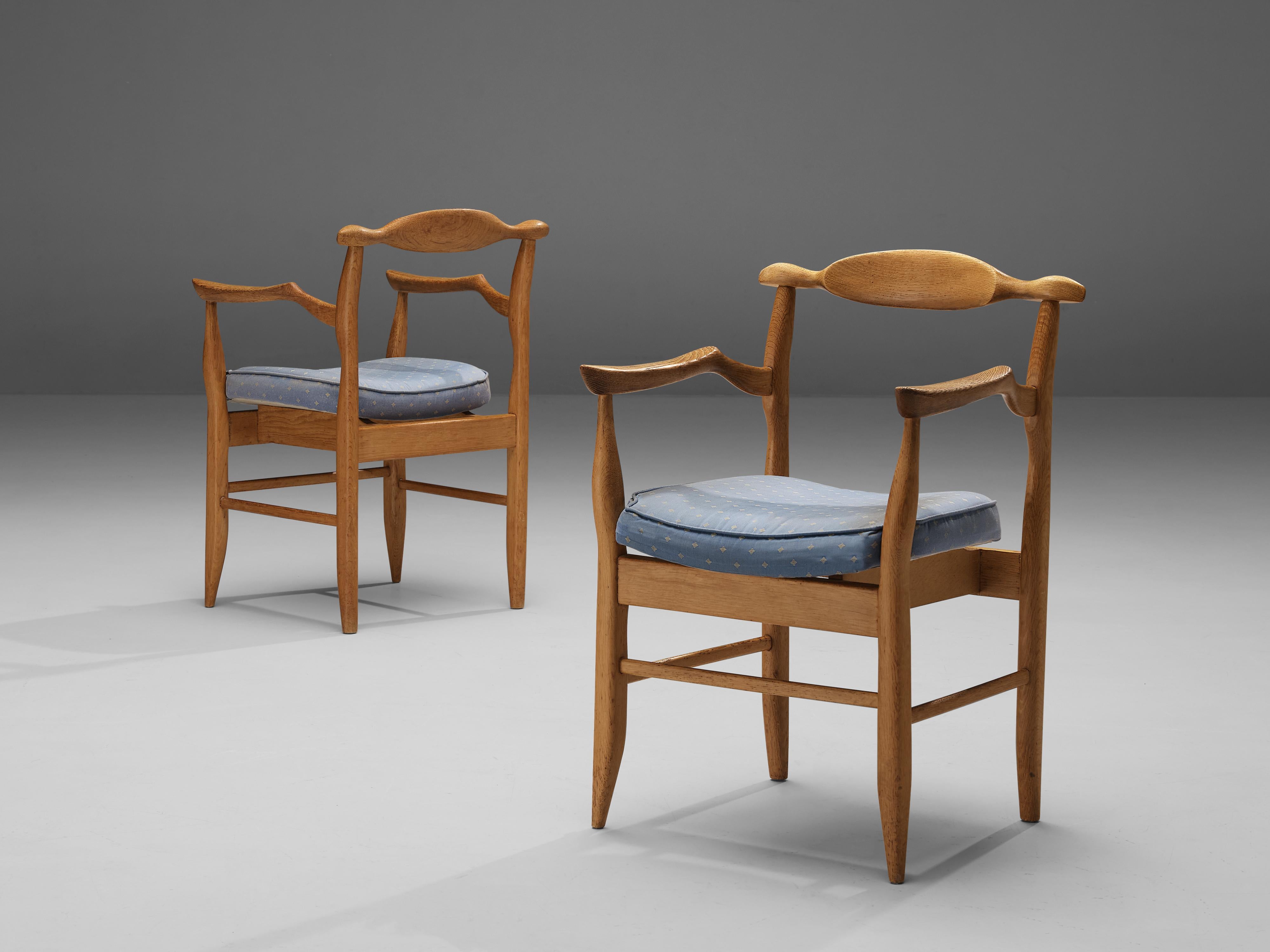 Mid-20th Century Guillerme & Chambron Pair of Armchairs Model ‘Fumay’ in Oak and Blue Upholstery