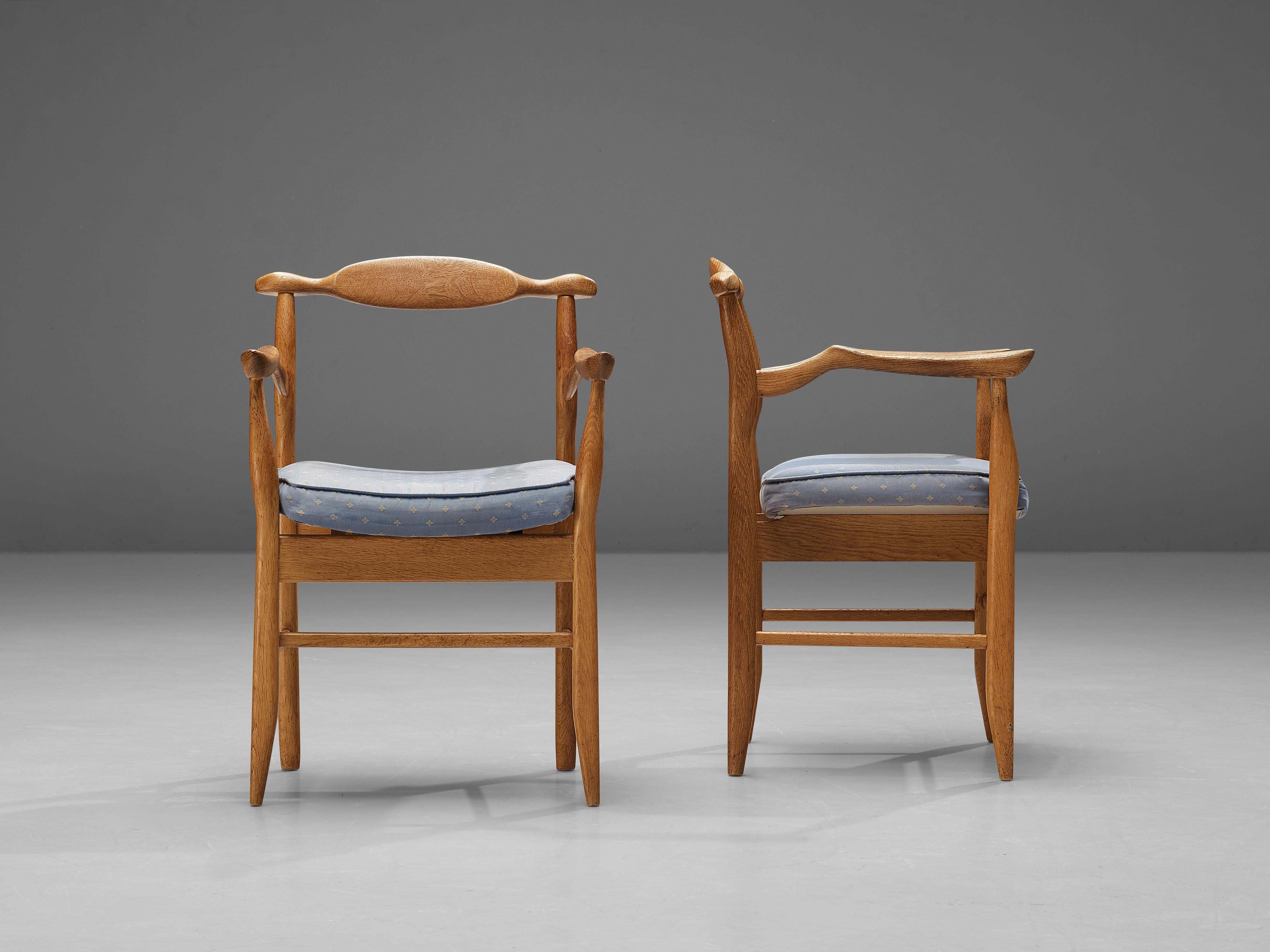 Guillerme & Chambron Pair of Armchairs Model ‘Fumay’ in Oak and Blue Upholstery 1
