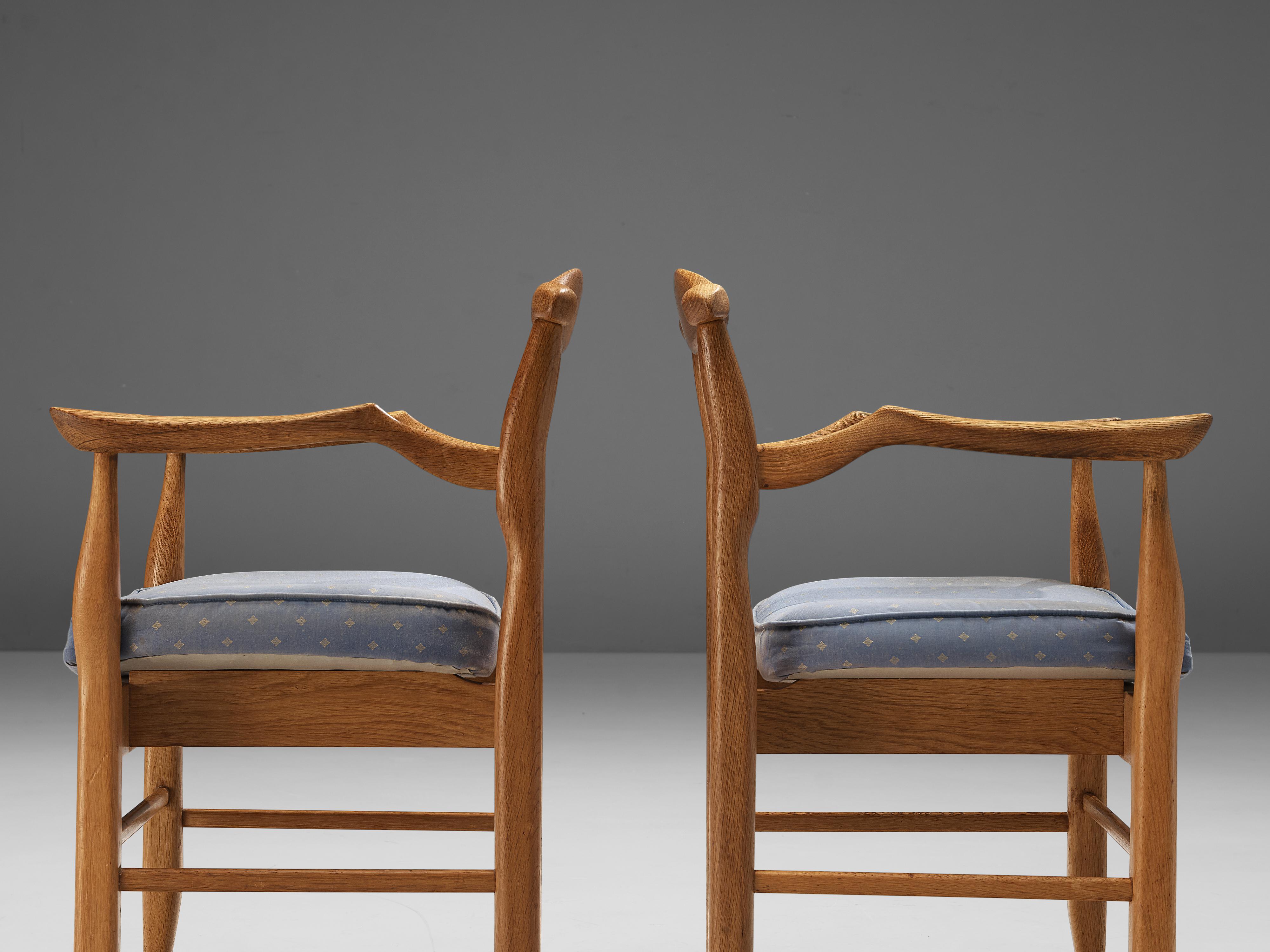 Guillerme & Chambron Pair of Armchairs Model ‘Fumay’ in Oak and Blue Upholstery 3