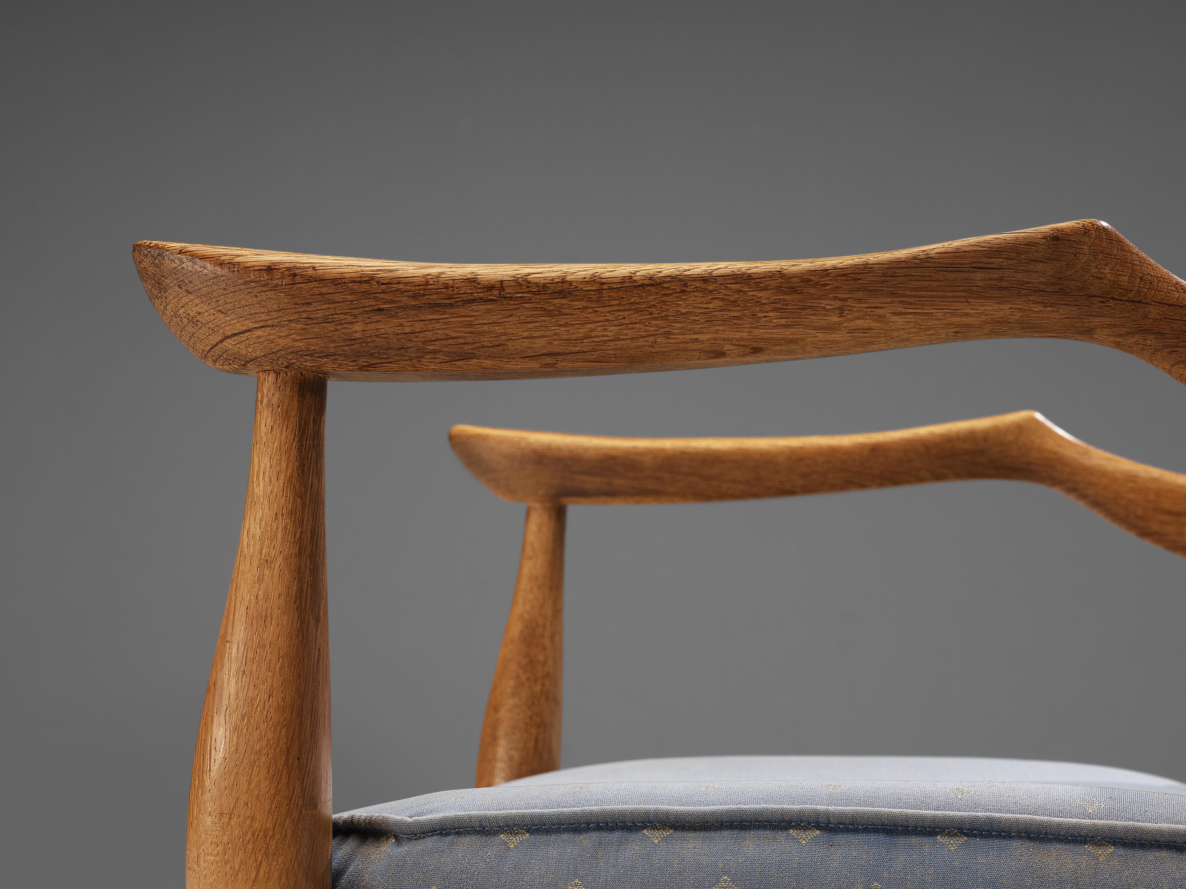 Fabric Guillerme & Chambron Pair of Armchairs Model ‘Fumay’ in Oak and Blue Upholstery