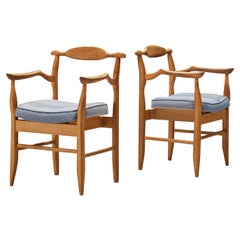 Guillerme & Chambron Pair of Armchairs Model ‘Fumay’ in Oak and Blue Upholstery