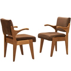 Guillerme & Chambron Pair of  'Bridge Etudiant' Armchairs in Solid Oak