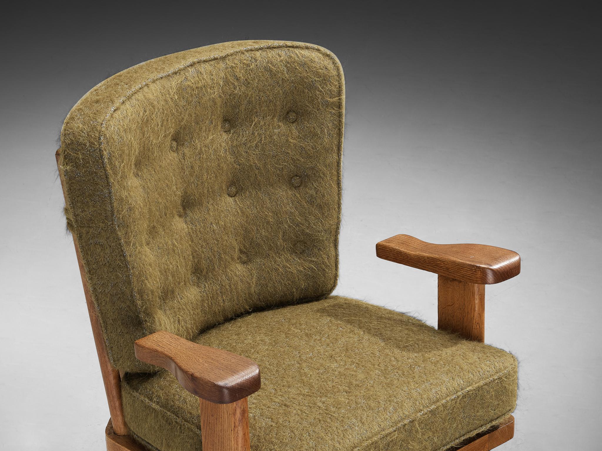 French Guillerme & Chambron Pair of 'Catherine' Lounge Chairs in Oak and Wool 