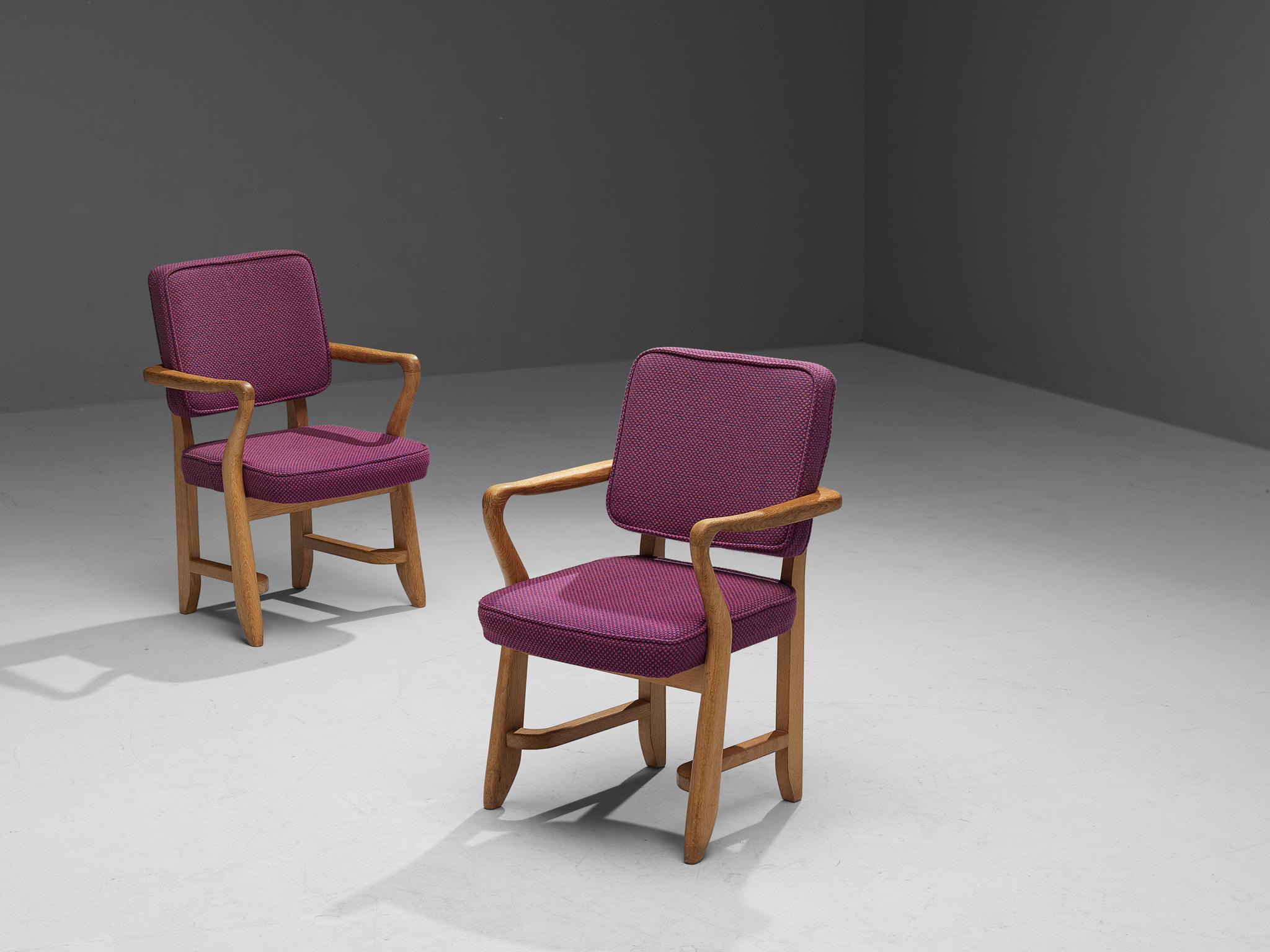 French Guillerme & Chambron Pair of 'Denis' Armchairs in Oak and Purple Upholstery  For Sale