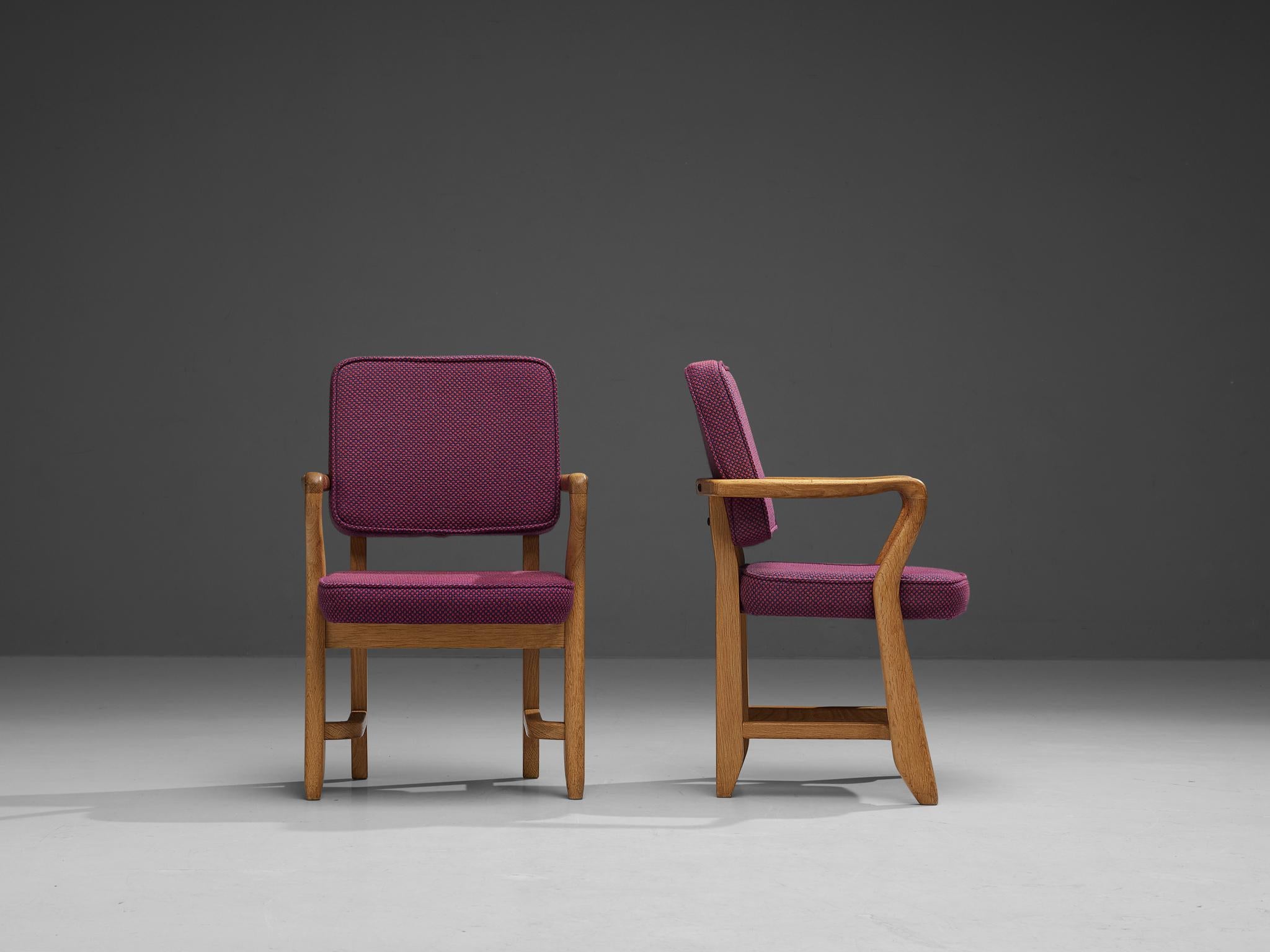 Mid-20th Century Guillerme & Chambron Pair of 'Denis' Armchairs in Oak and Purple Upholstery  For Sale