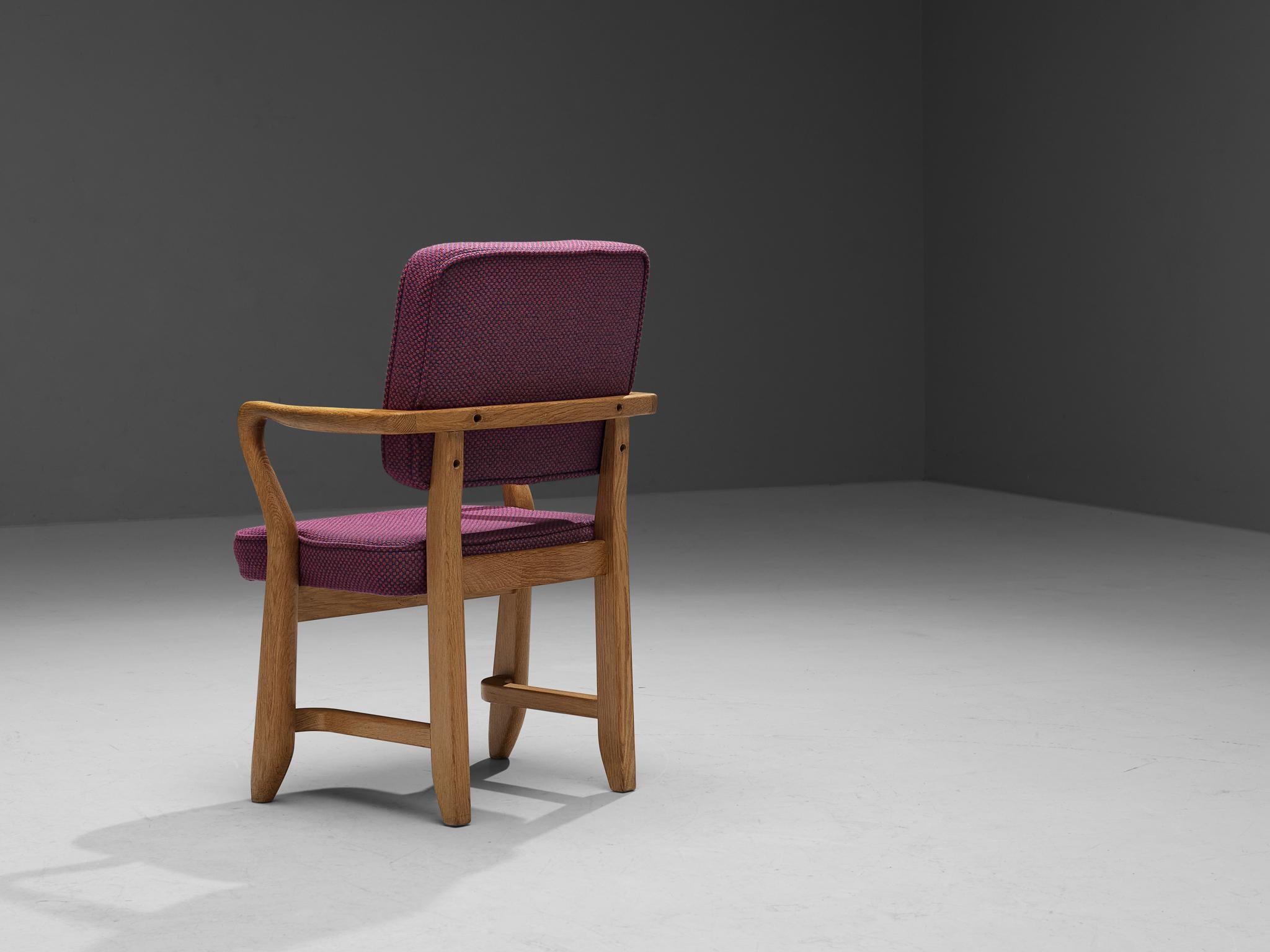 Guillerme & Chambron Pair of 'Denis' Armchairs in Oak and Purple Upholstery  For Sale 1