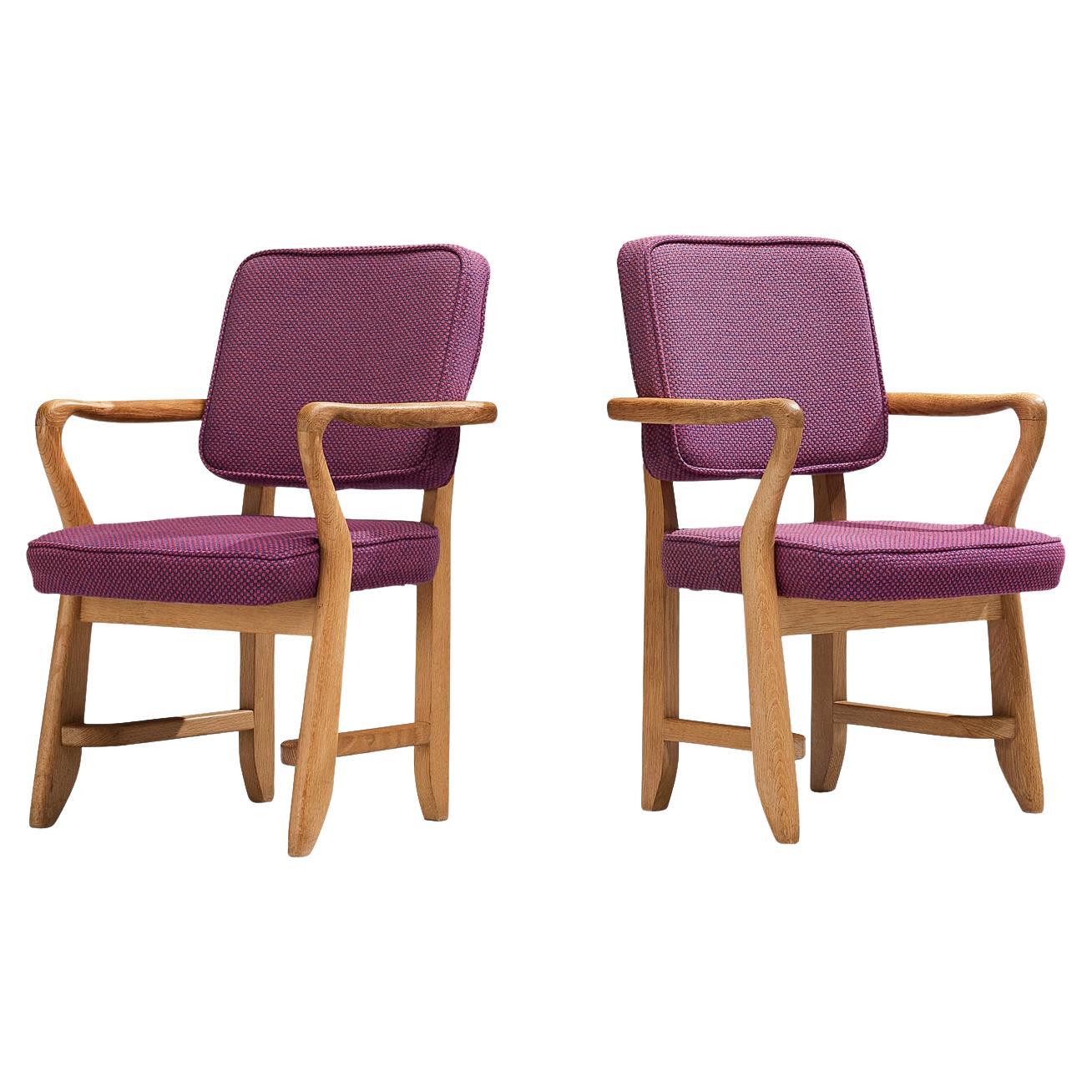 Guillerme & Chambron Pair of 'Denis' Armchairs in Oak and Purple Upholstery 
