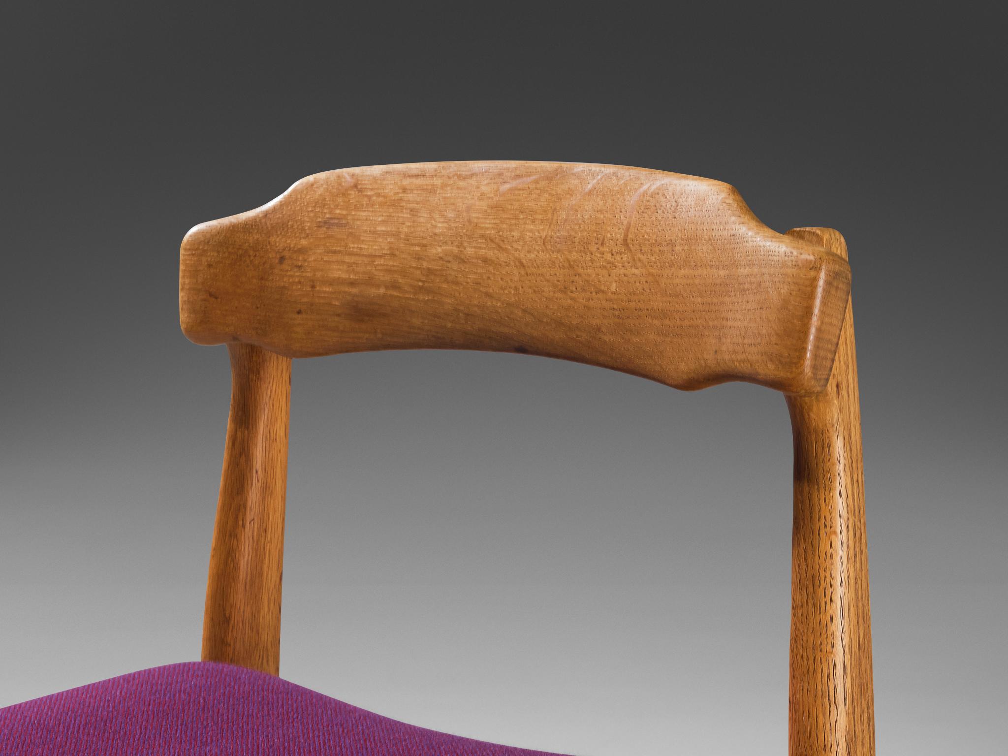 French Guillerme & Chambron Pair of Dining Chairs in Oak and Purple Upholstery  For Sale