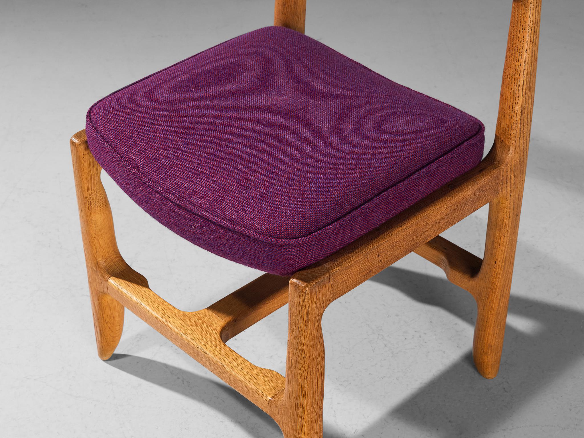 Fabric Guillerme & Chambron Pair of Dining Chairs in Oak and Purple Upholstery  For Sale