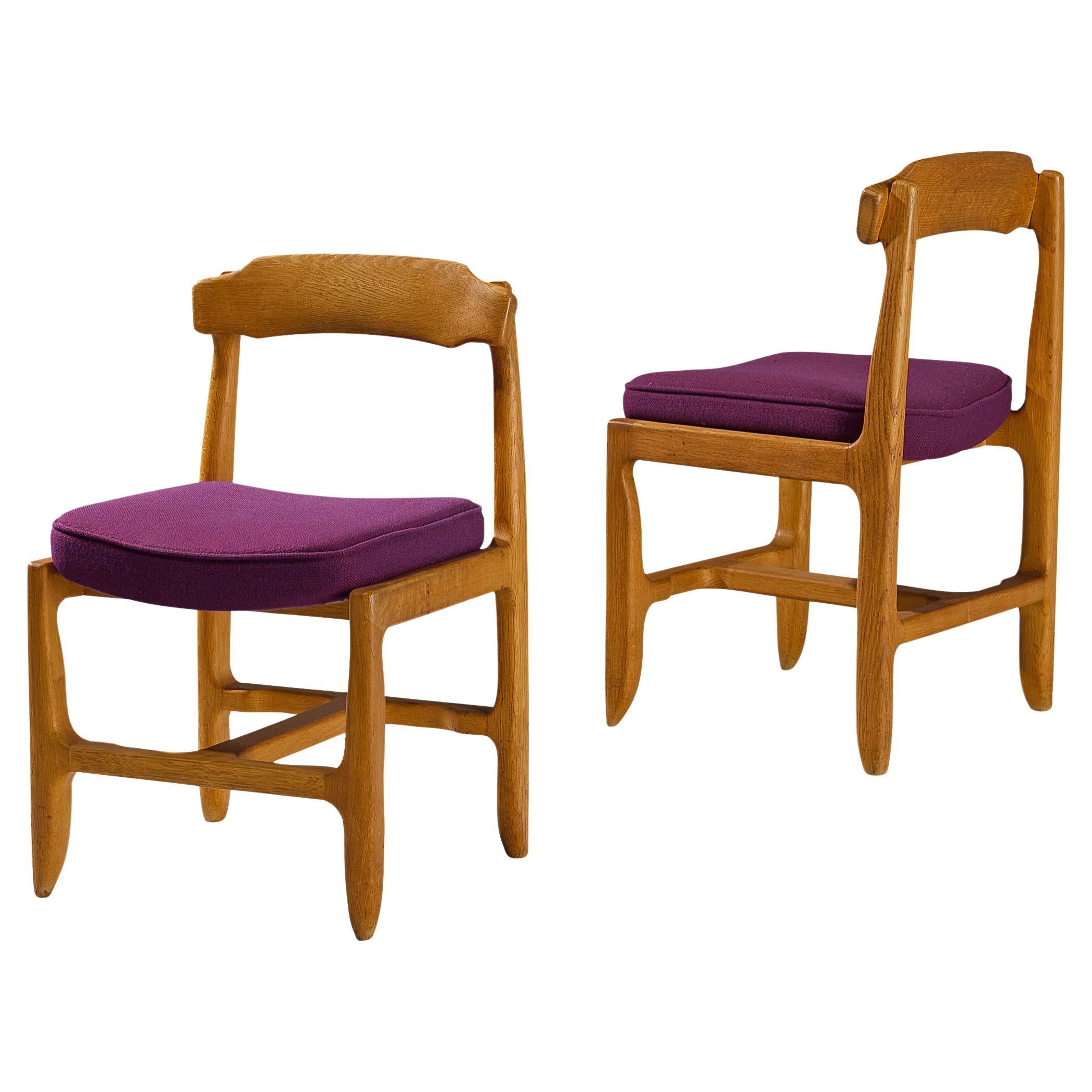 Guillerme & Chambron Pair of Dining Chairs in Oak and Purple Upholstery  For Sale