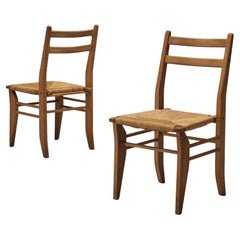 Vintage Guillerme & Chambron Pair of Dining Chairs in Oak and Straw