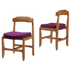 Guillerme & Chambron Pair of Dining Chairs in Solid Oak and Purple Upholstery