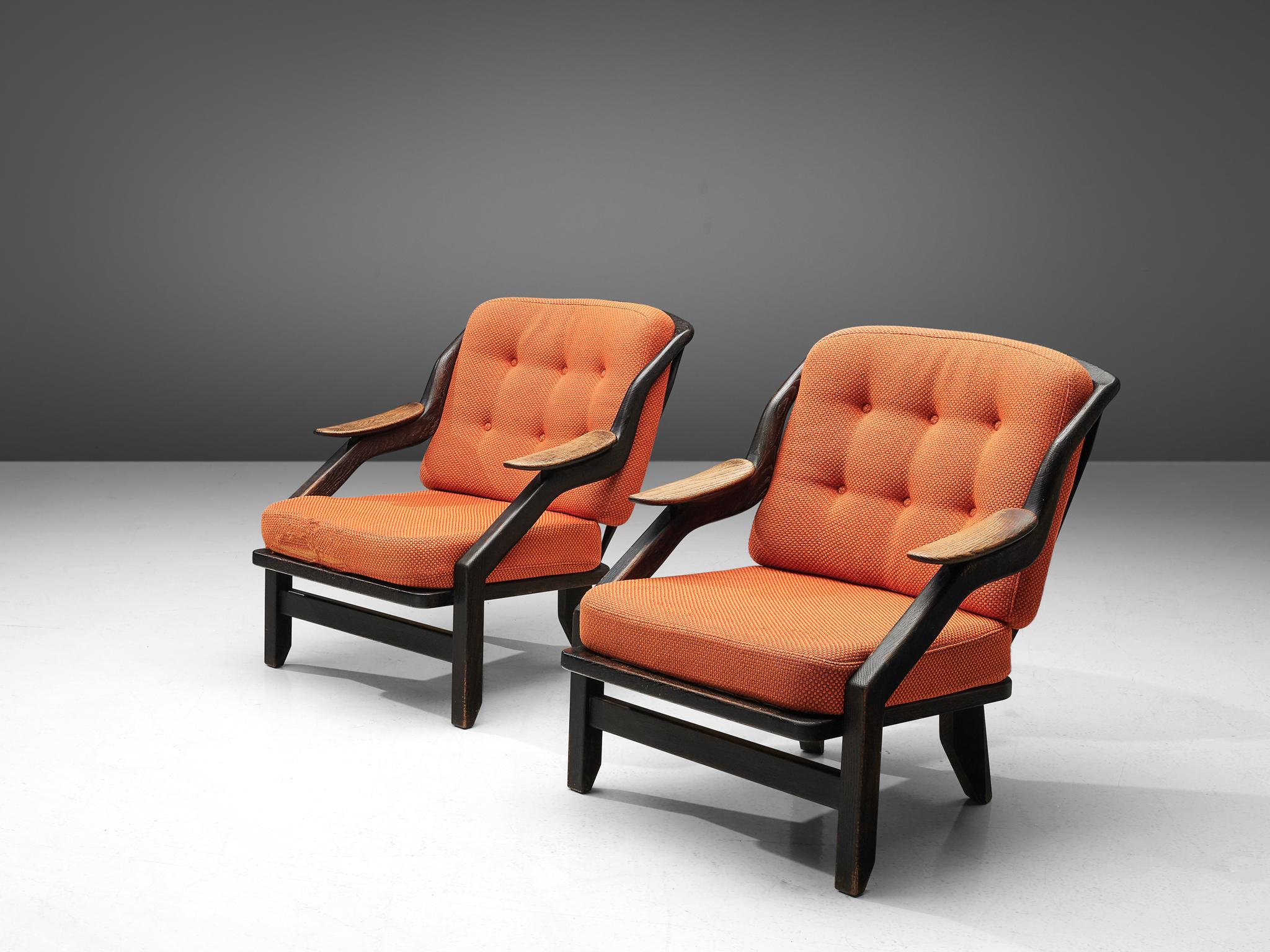 French Guillerme & Chambron Pair of 'Gregoire' Lounge Chairs in Orange Upholstery