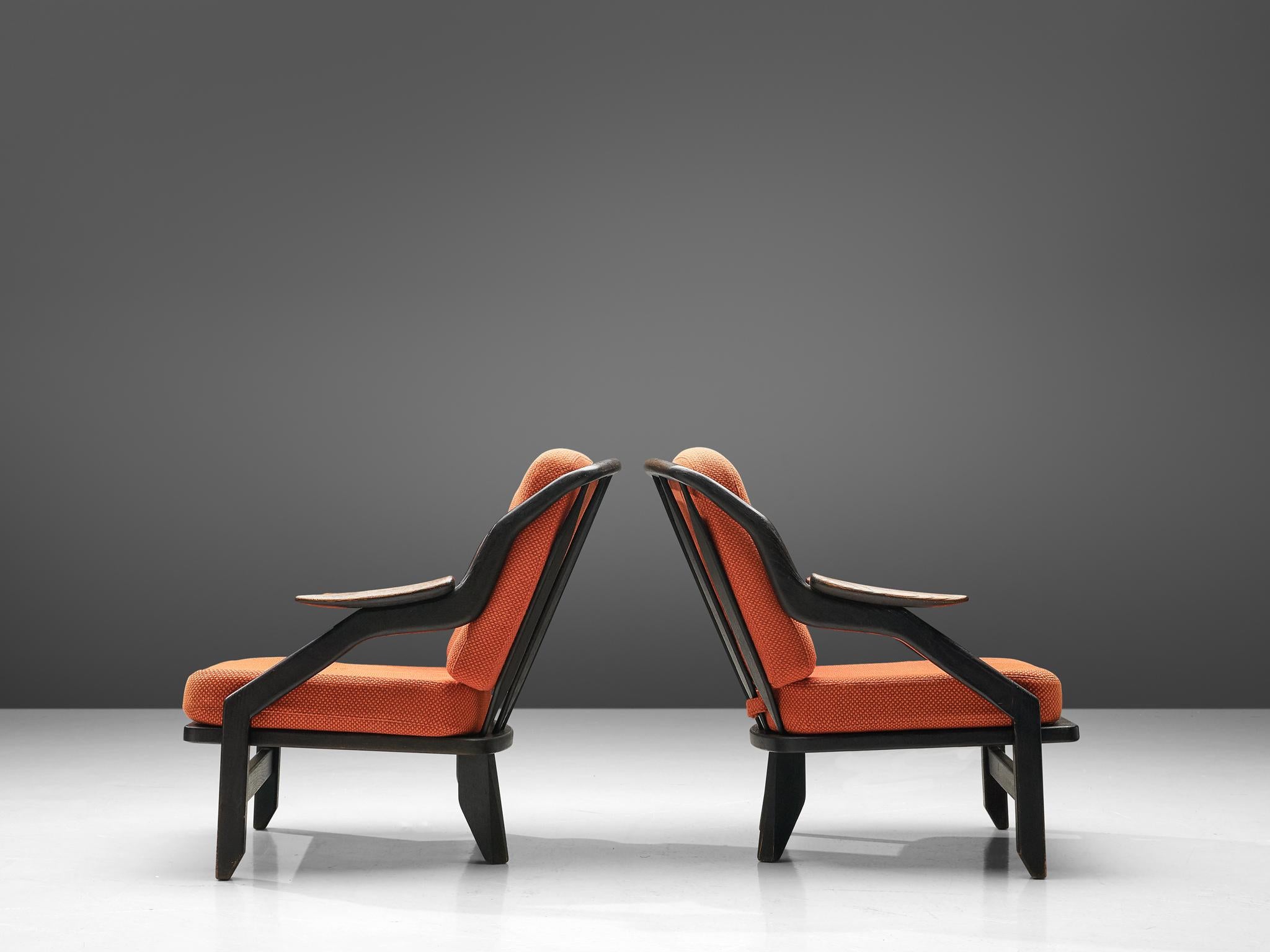 Guillerme & Chambron Pair of 'Gregoire' Lounge Chairs in Orange Upholstery 1