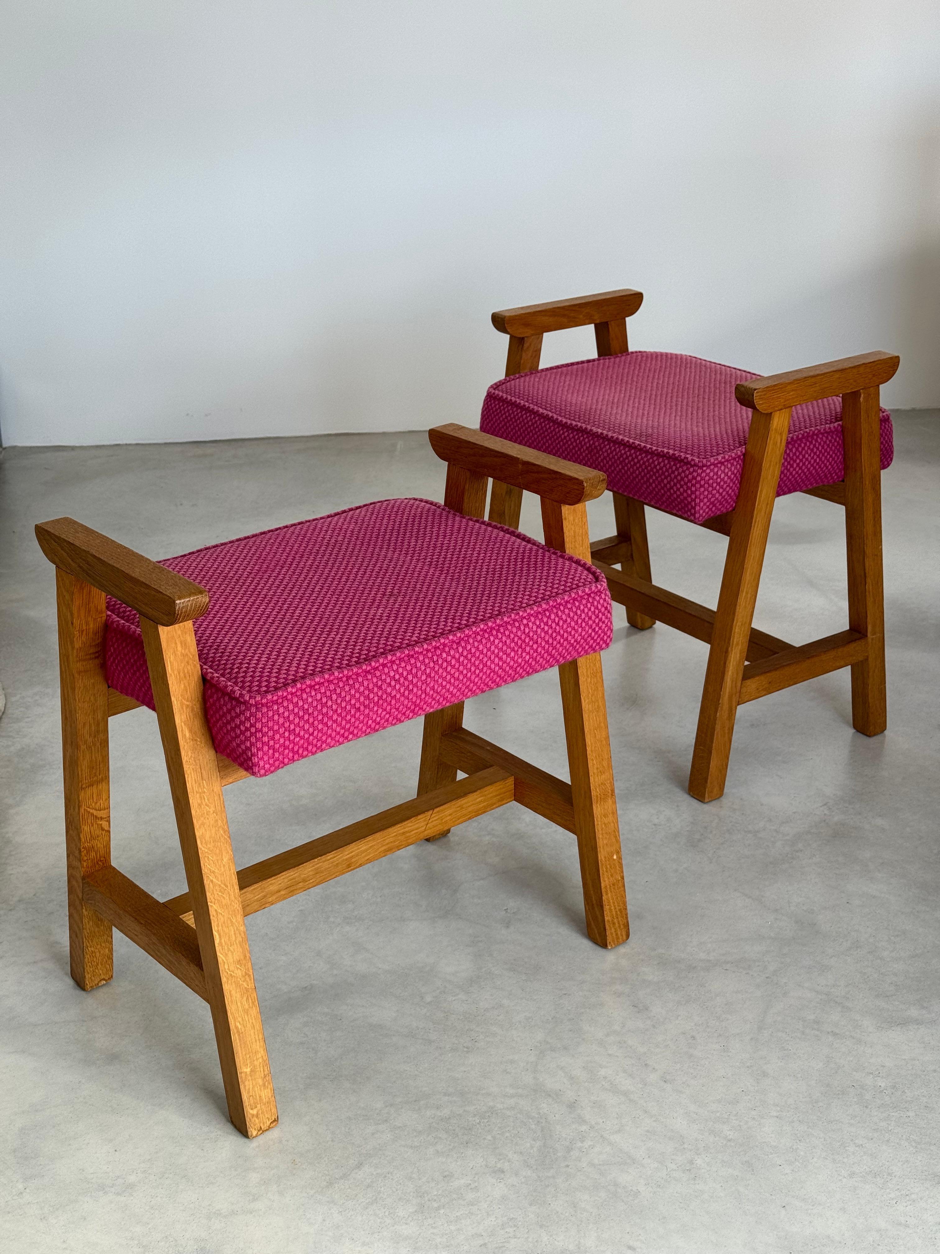 A pair of Robert Guillerme et Jacques Chambron stools.  

Grégoire model, Votre Maison edition.

Oak frames and upholstered seats with original wool boucle fabric.

Being functional as well as aesthetically pleasing, this stool is a great addition
