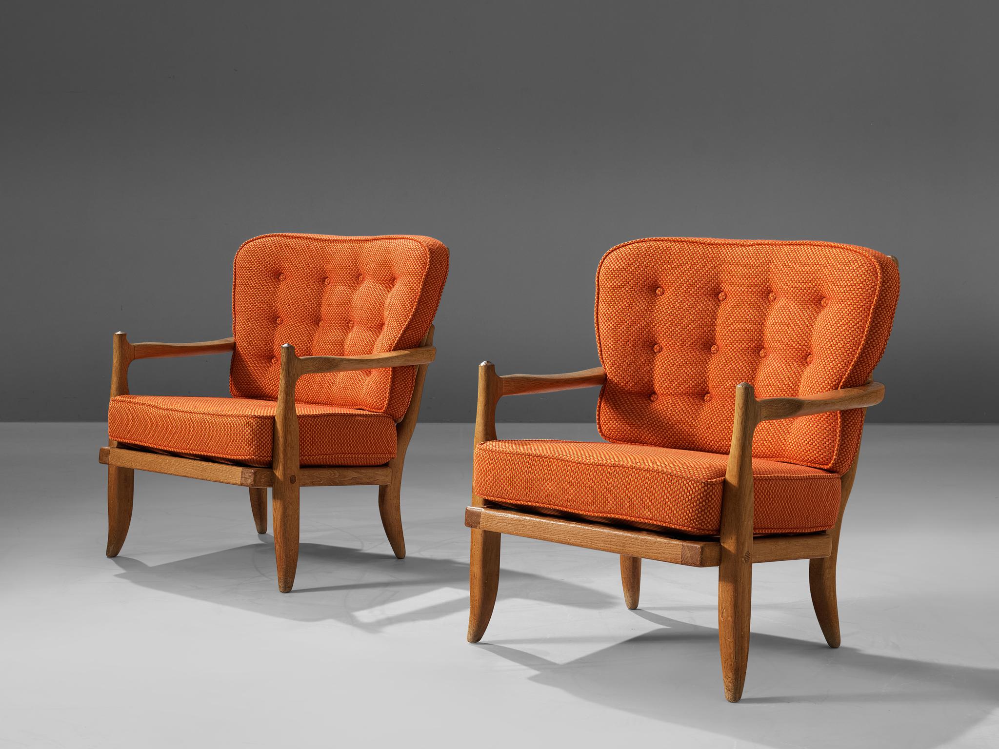 French Guillerme & Chambron Pair of 'Jose' Lounge Chairs in Oak  For Sale