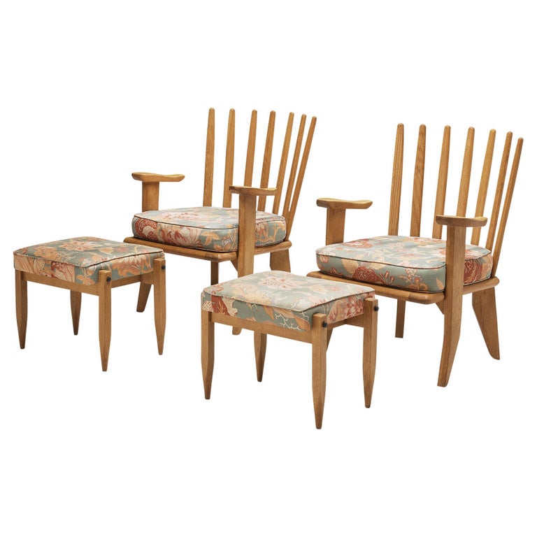 Guillerme and Chambron Pair of Lounge Chairs and Footstools in Oak R2D2