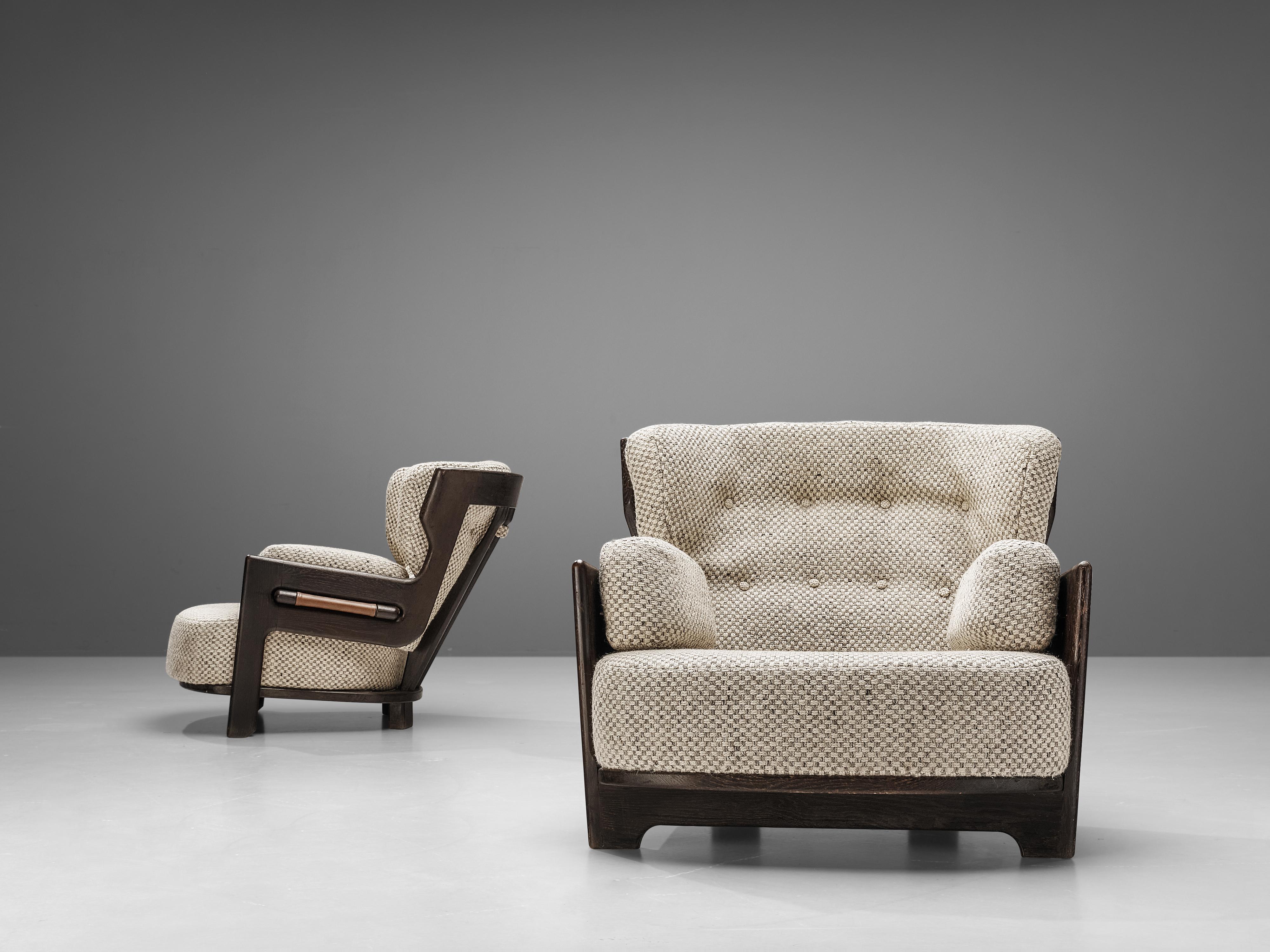 French Guillerme & Chambron Pair of Lounge Chairs 'Denis' with Dark Brown Frames 