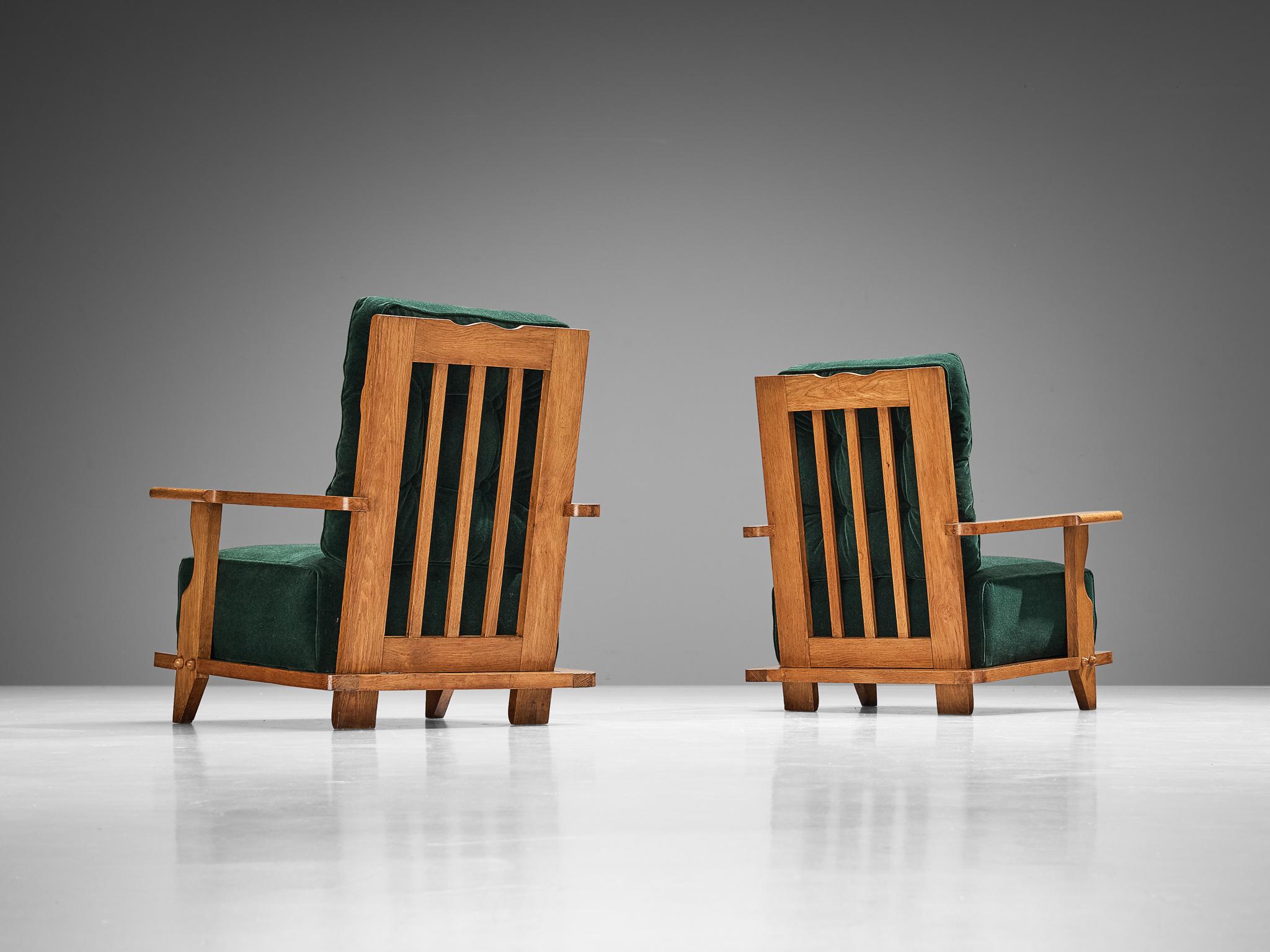 Mid-Century Modern Guillerme & Chambron Pair of Lounge Chairs in Green Mohair and Oak For Sale