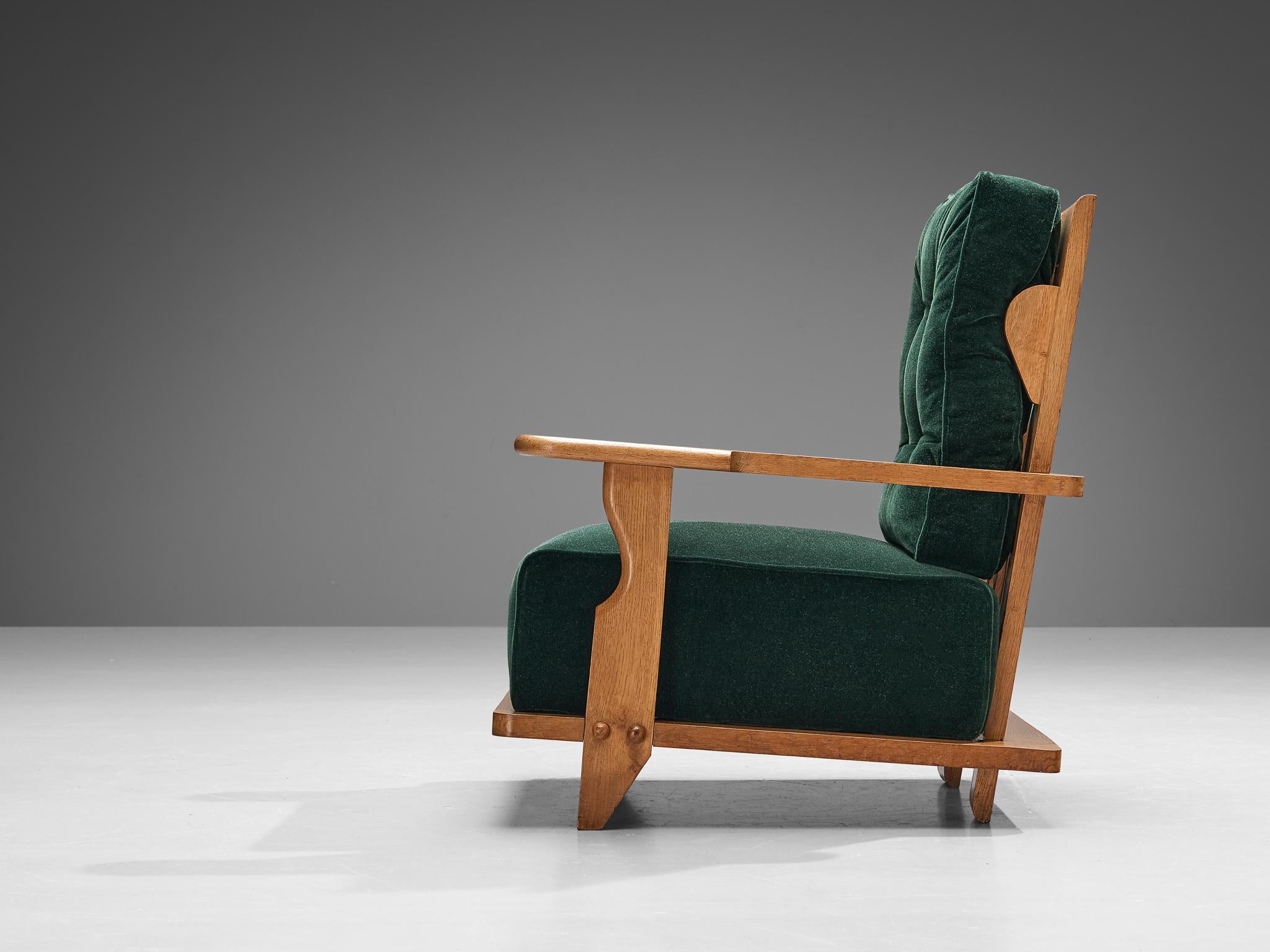 French Guillerme & Chambron Pair of Lounge Chairs in Green Mohair and Oak For Sale