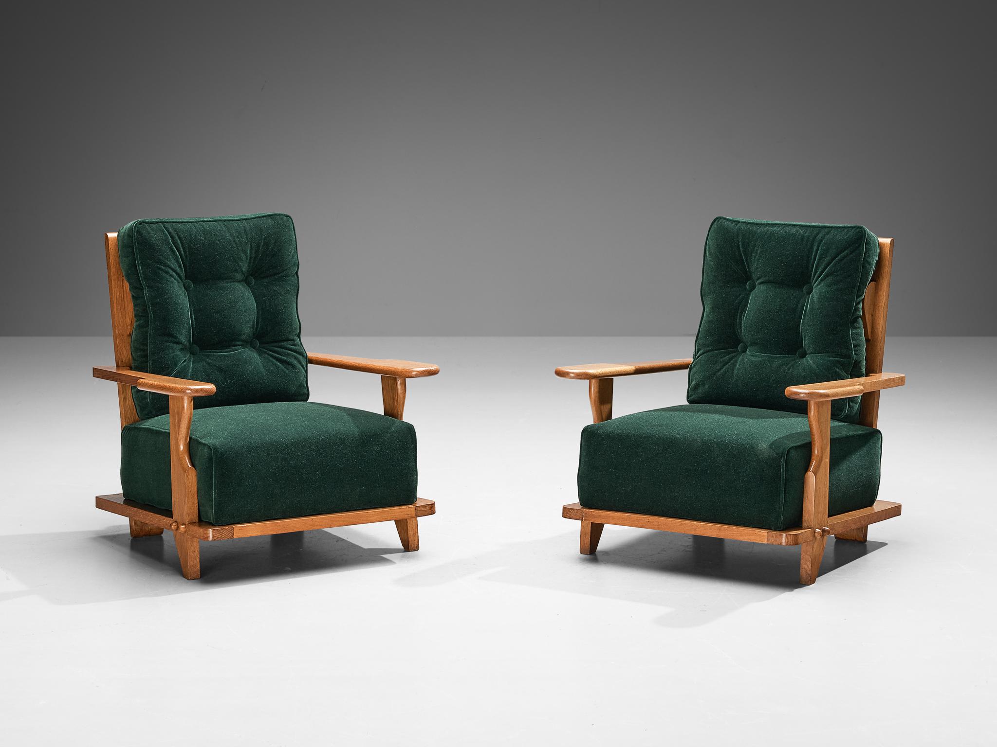 Mid-20th Century Guillerme & Chambron Pair of Lounge Chairs in Green Mohair and Oak For Sale
