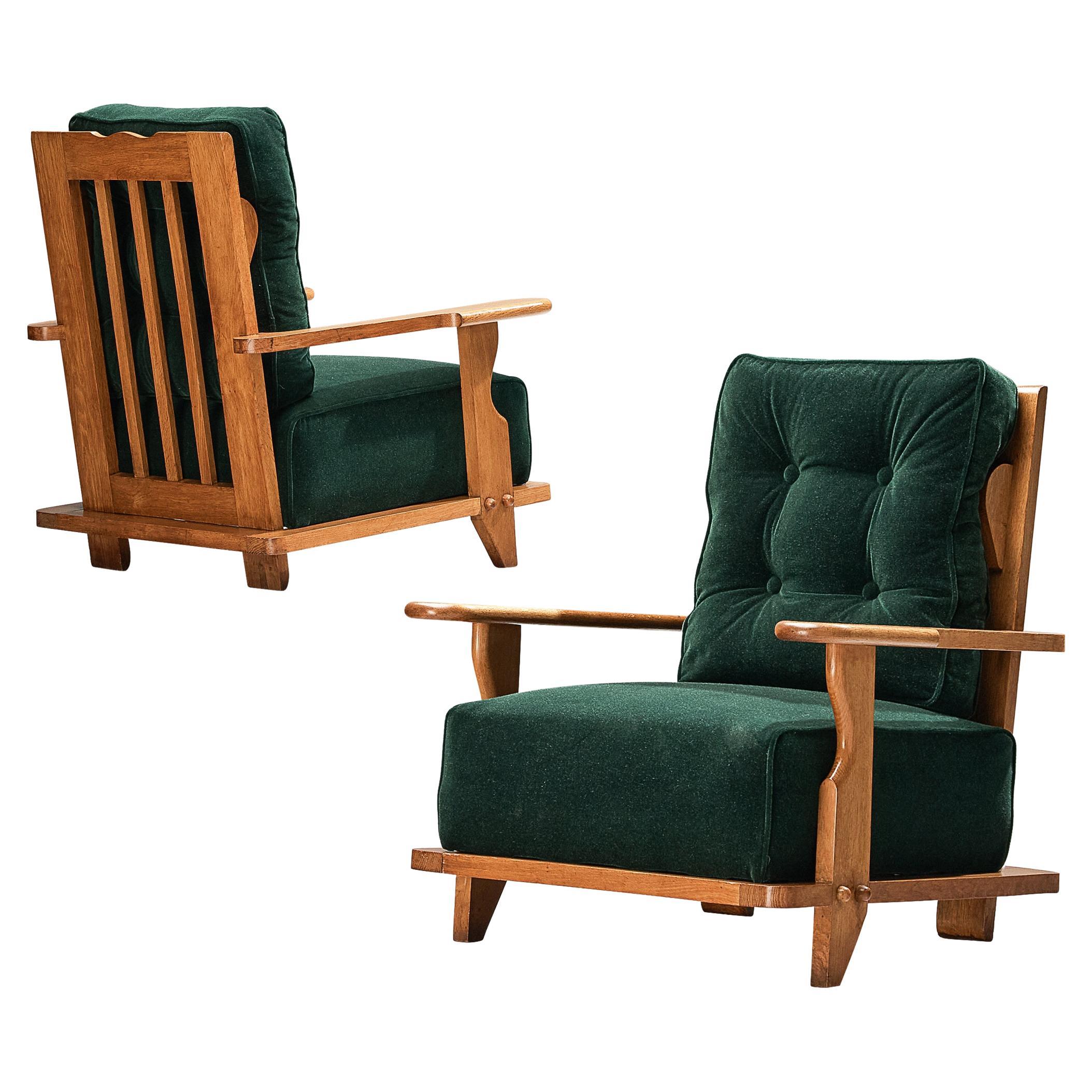 Guillerme & Chambron Pair of Lounge Chairs in Green Mohair and Oak
