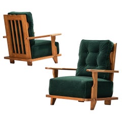 Retro Guillerme & Chambron Pair of Lounge Chairs in Green Mohair and Oak