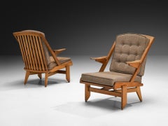 Guillerme & Chambron Pair of Lounge Chairs in Oak and Brown Upholstery
