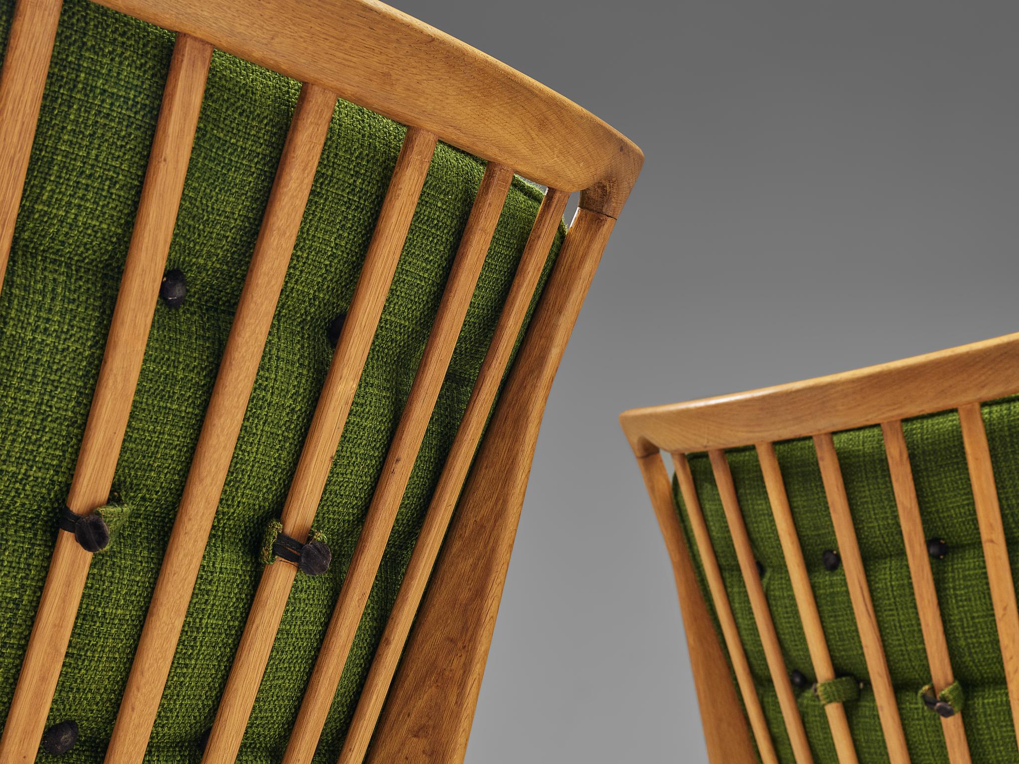 Mid-Century Modern Guillerme & Chambron Pair of Lounge Chairs in Oak and Green Upholstery