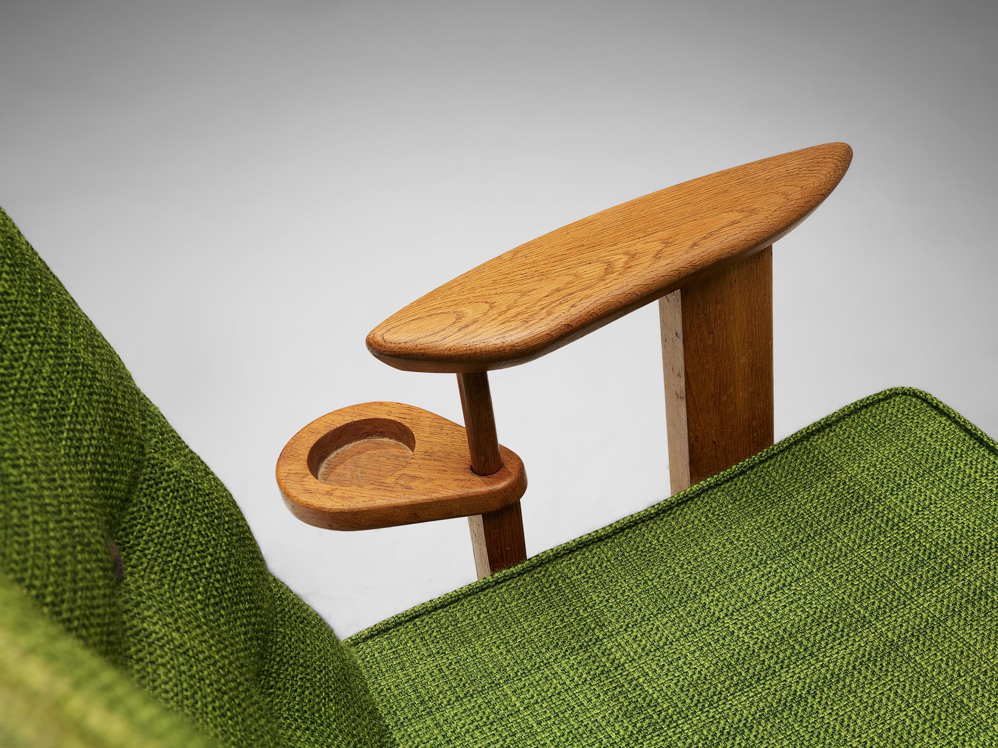 Fabric Guillerme & Chambron Pair of Lounge Chairs in Oak and Green Upholstery