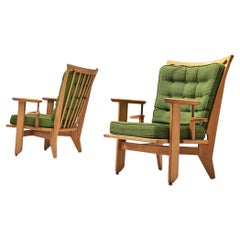 Vintage Guillerme & Chambron Pair of Lounge Chairs in Oak and Green Upholstery