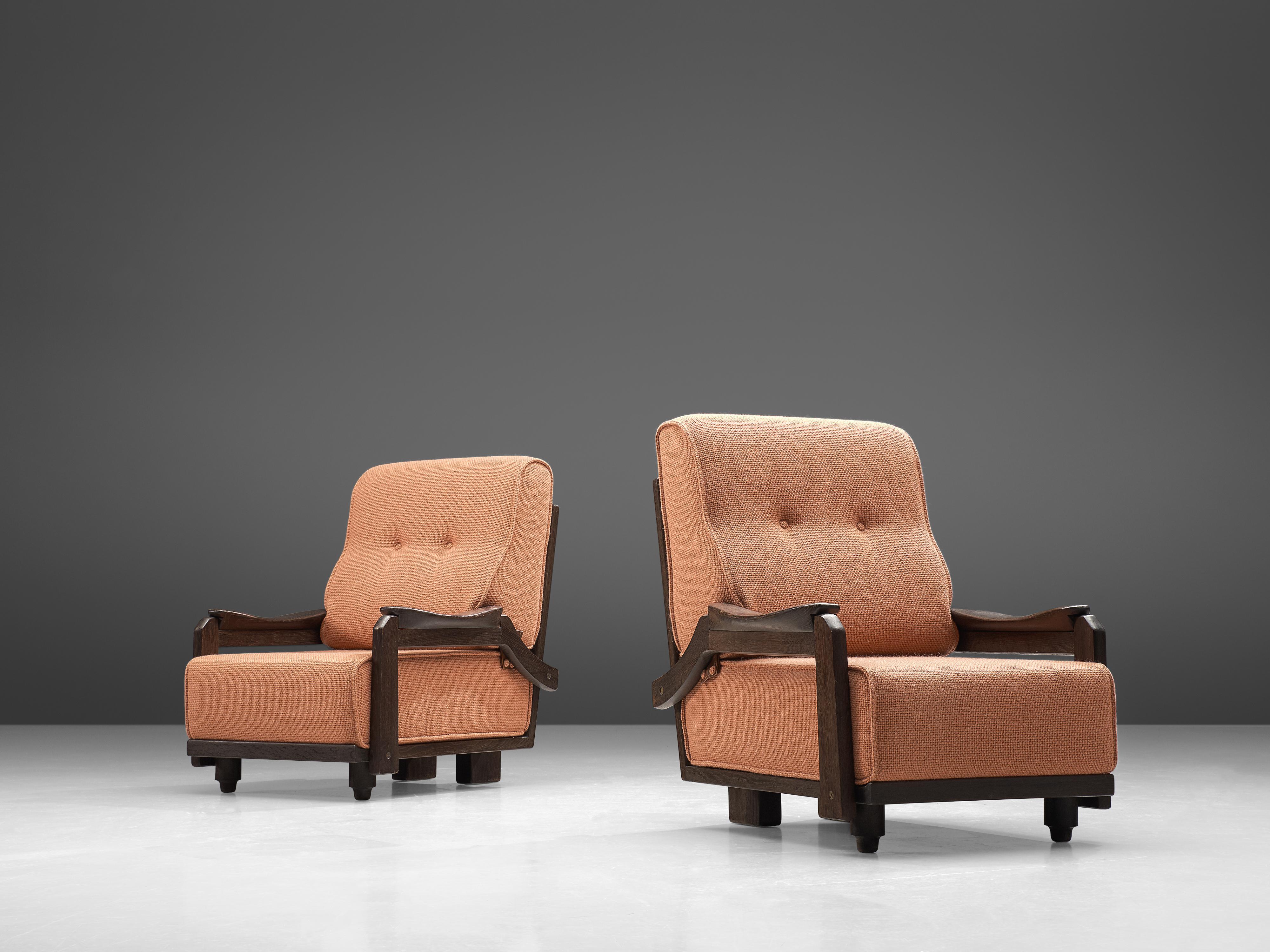 Fabric Guillerme & Chambron Pair of Lounge Chairs in Orange Upholstery 