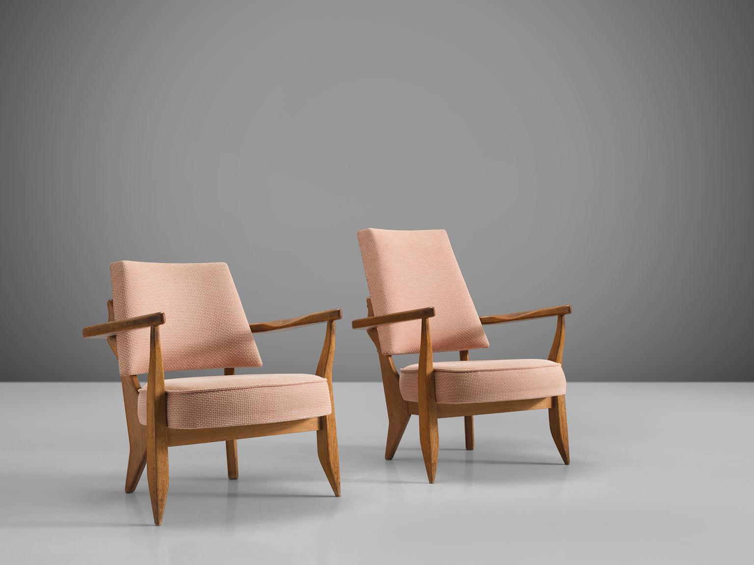 French Guillerme & Chambron Pair of Lounge Chairs in Soft Pink Upholstery