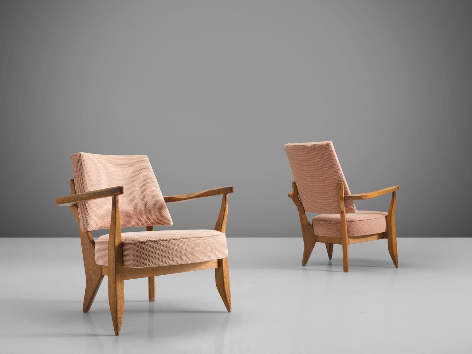 Mid-20th Century Guillerme & Chambron Pair of Lounge Chairs in Soft Pink Upholstery