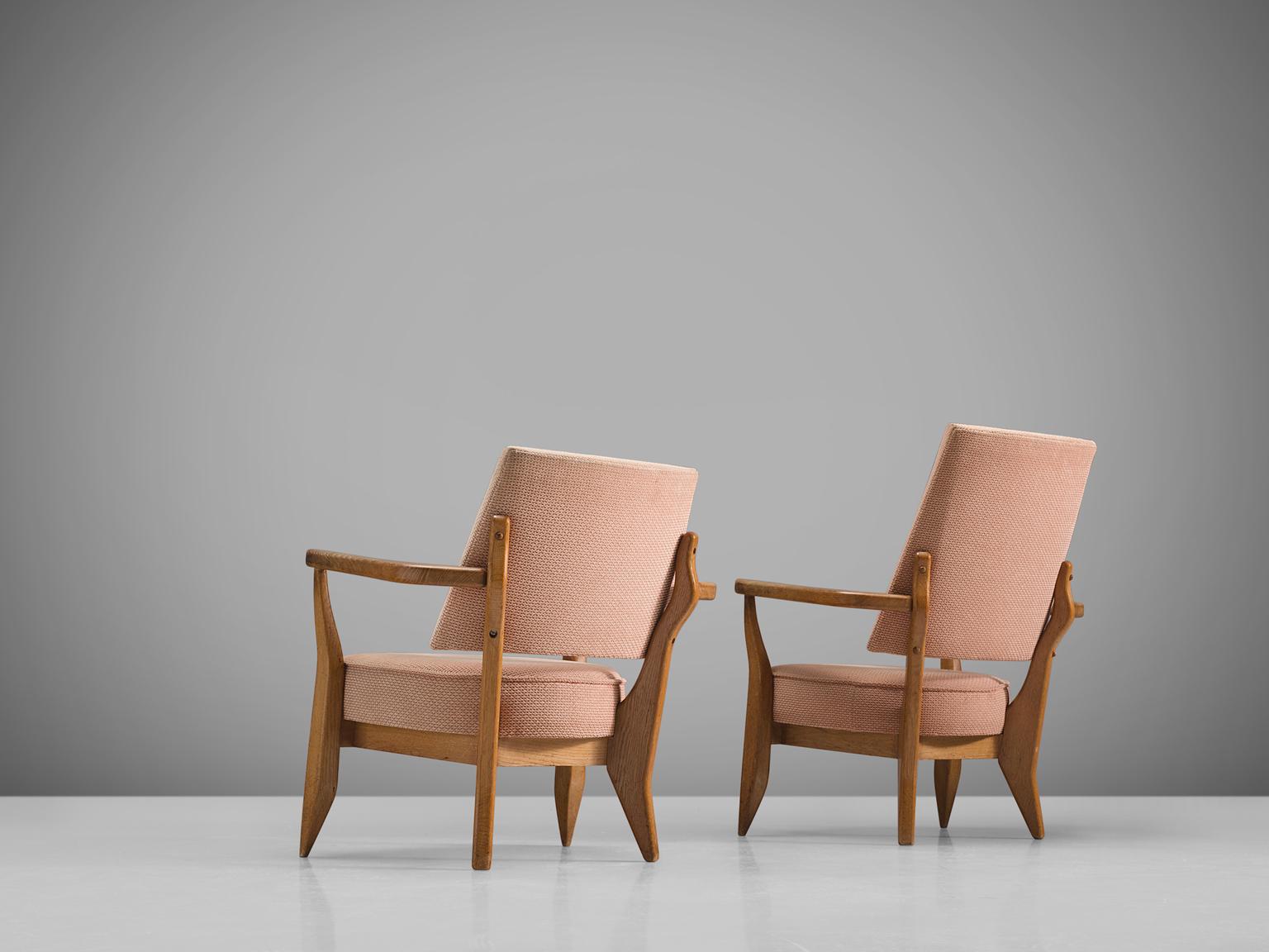 Fabric Guillerme & Chambron Pair of Lounge Chairs in Soft Pink Upholstery