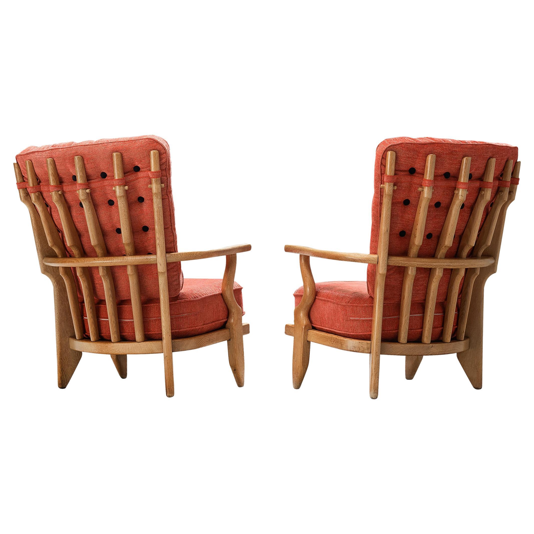 Guillerme & Chambron Pair of 'Mid Repos' Lounge Chairs in Oak and Red Fabric