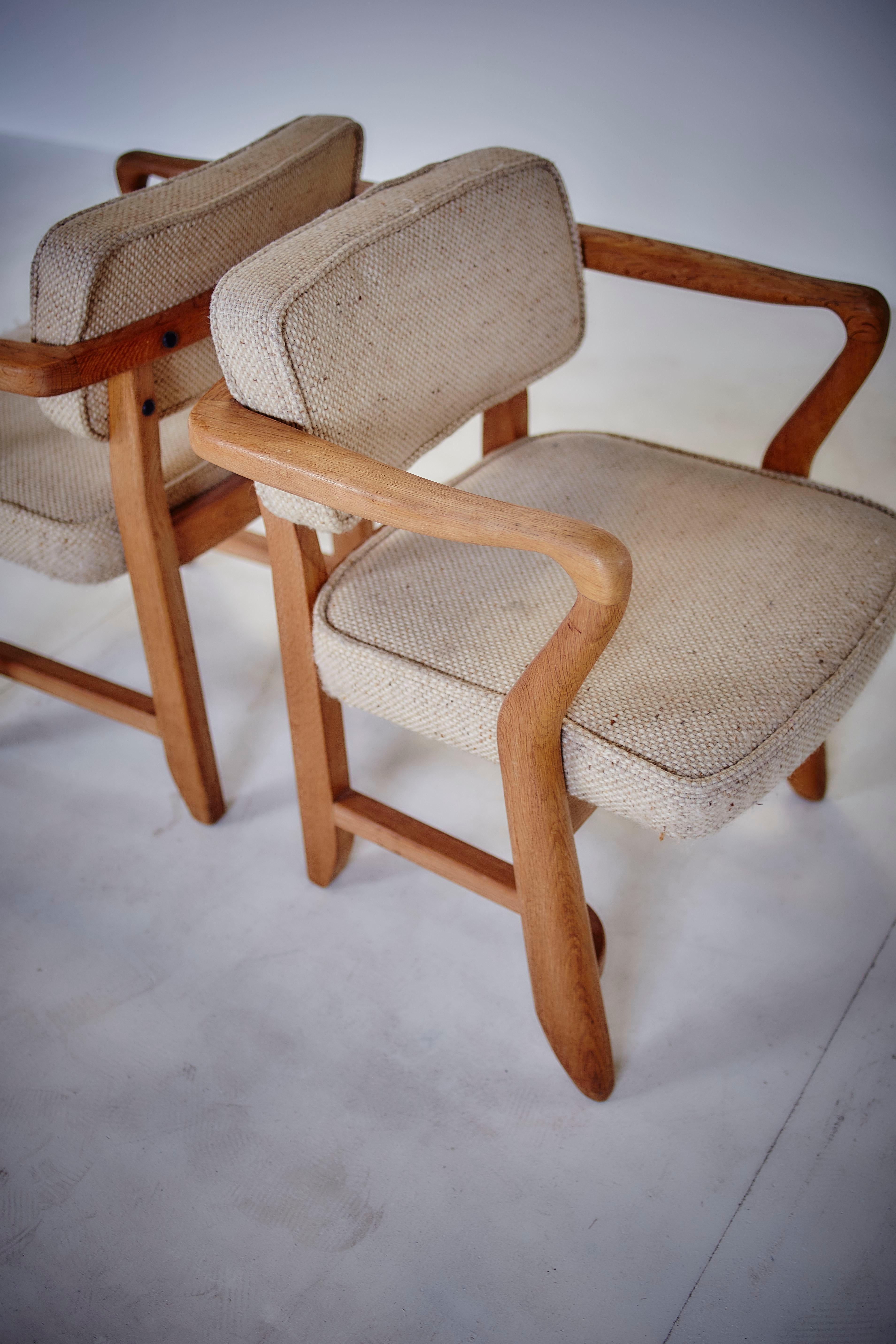 Mid-Century Modern Guillerme & Chambron, Pair of Midcentury Solid Oak and Fabric French Chairs 1959