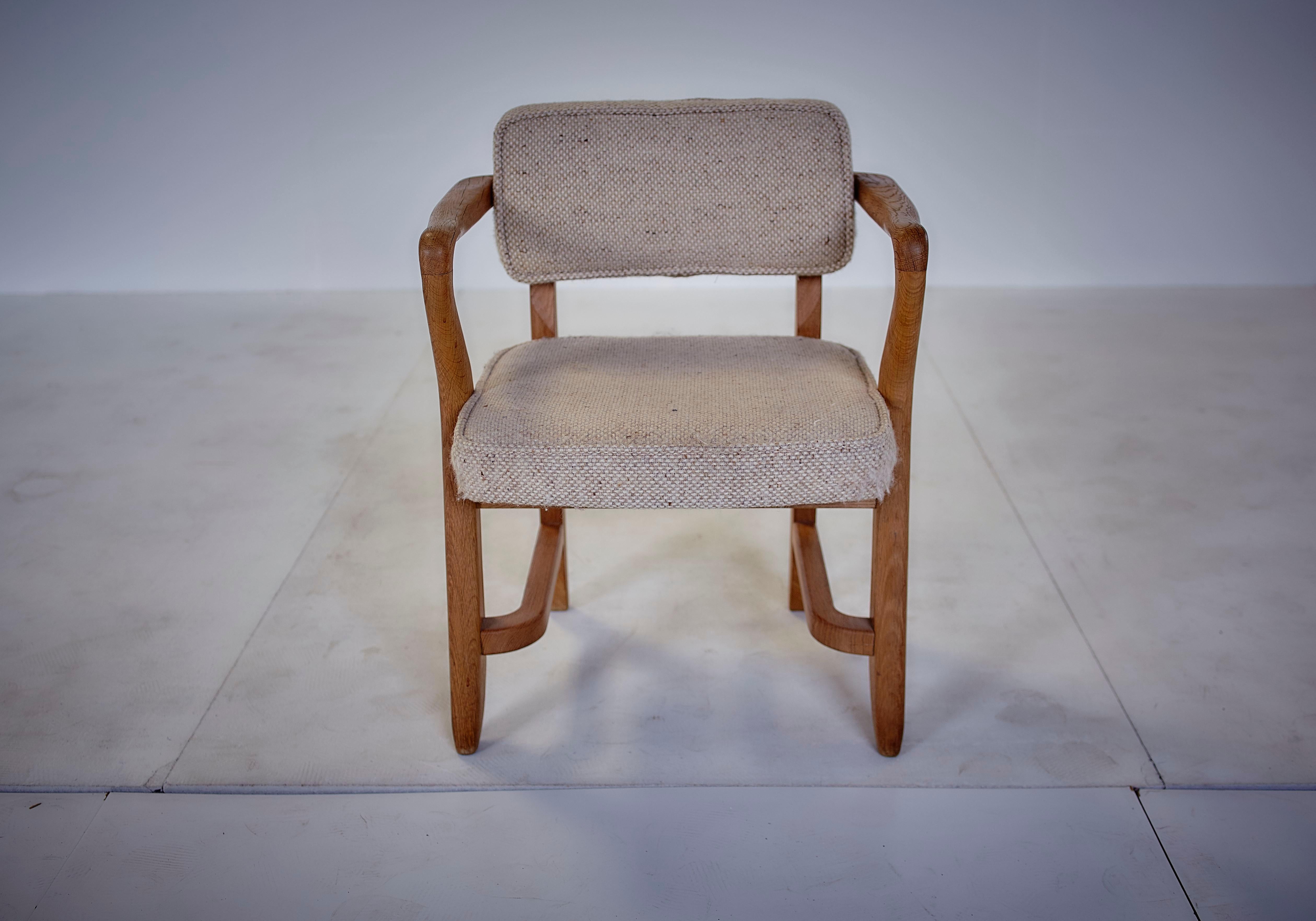 Mid-20th Century Guillerme & Chambron, Pair of Midcentury Solid Oak and Fabric French Chairs 1959