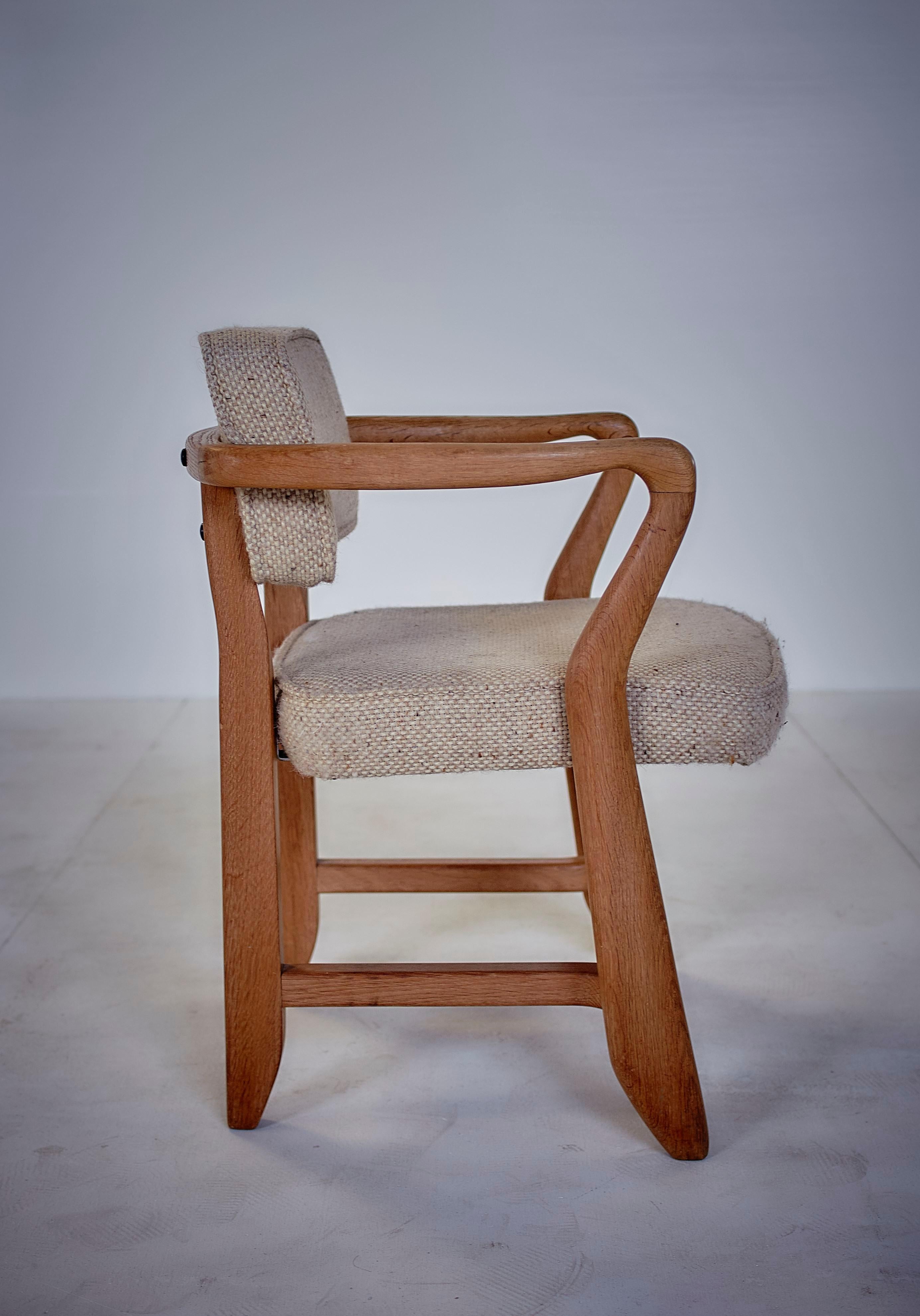 Guillerme & Chambron, Pair of Midcentury Solid Oak and Fabric French Chairs 1959 1