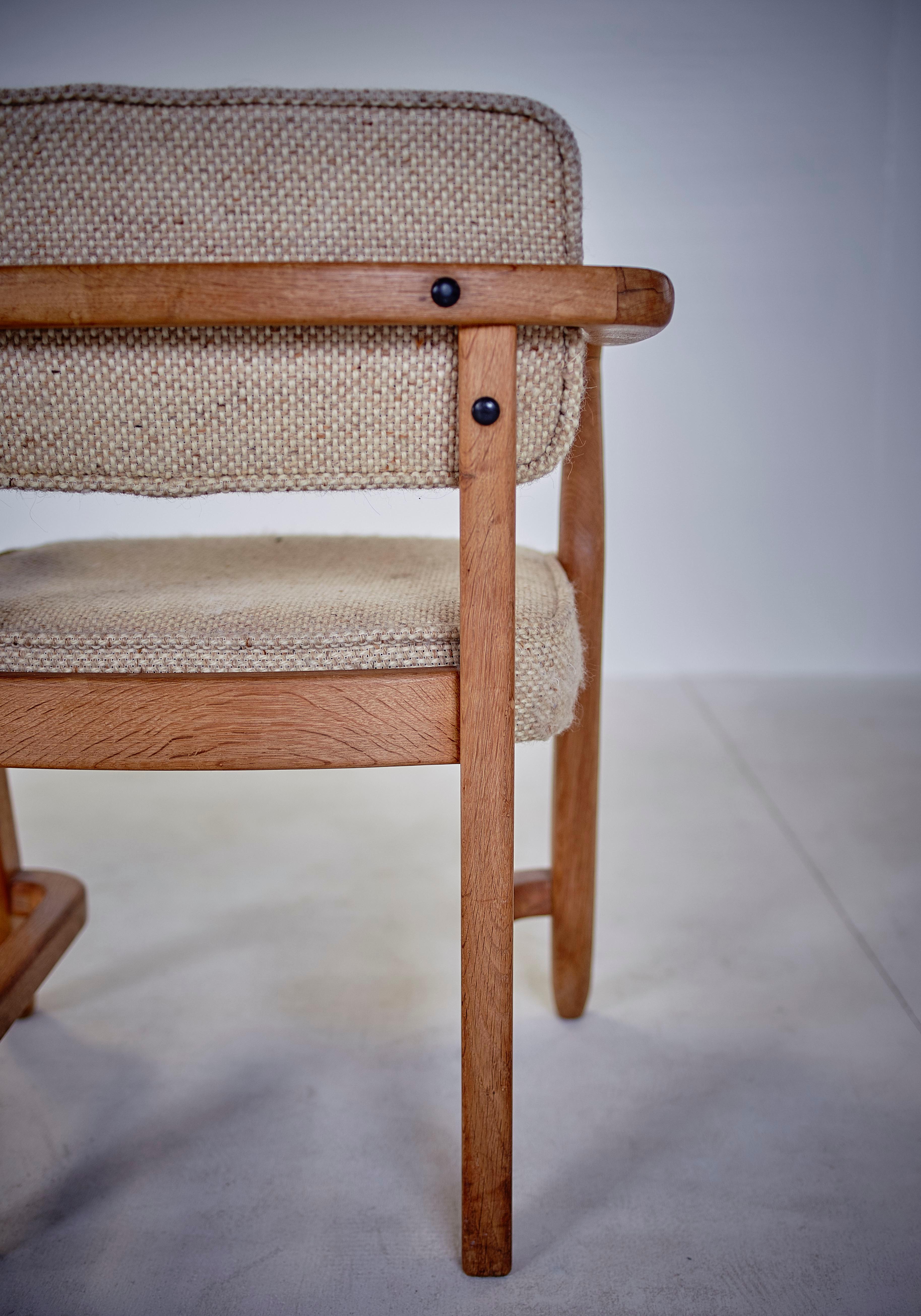 Guillerme & Chambron, Pair of Midcentury Solid Oak and Fabric French Chairs 1959 4