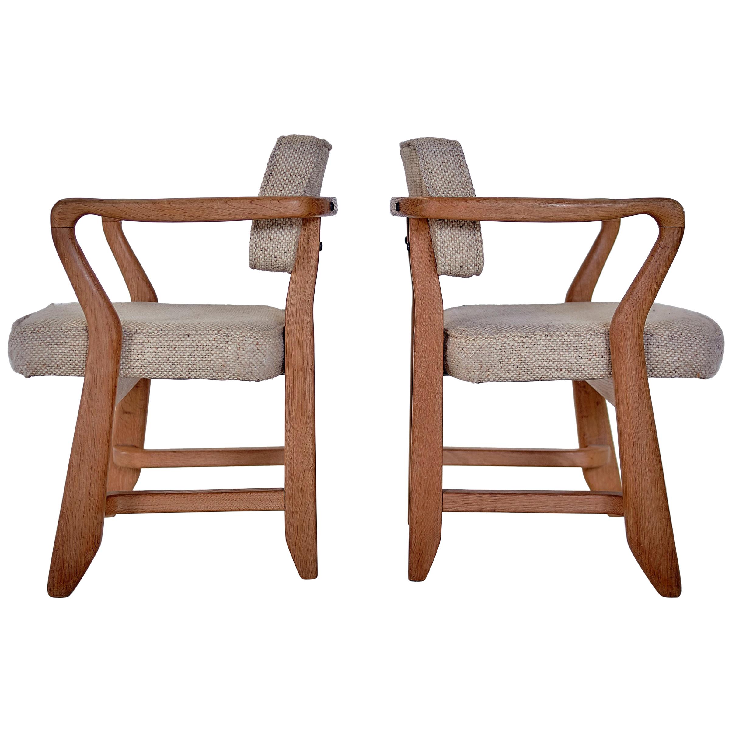 Guillerme & Chambron, Pair of Midcentury Solid Oak and Fabric French Chairs 1959