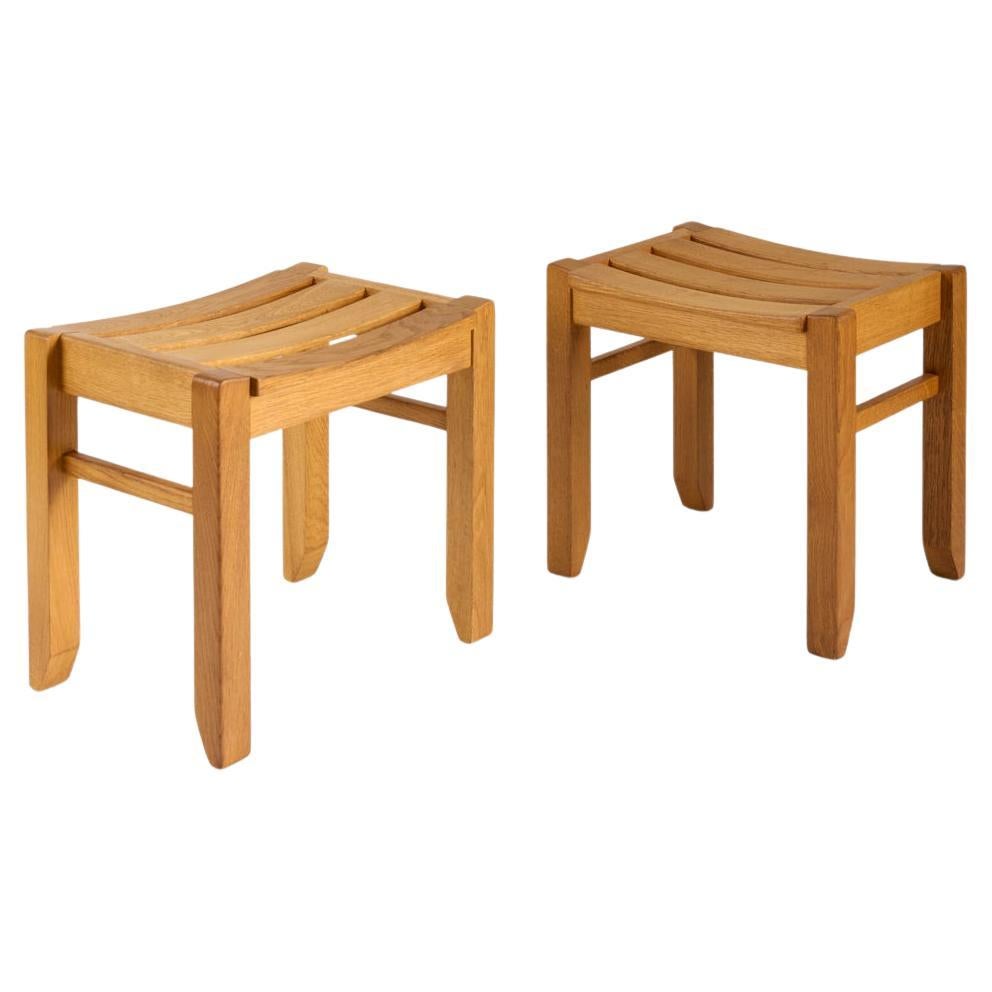 Guillerme & Chambron, Pair of Oak Stools with Concave Seats, France, Mid-Century For Sale