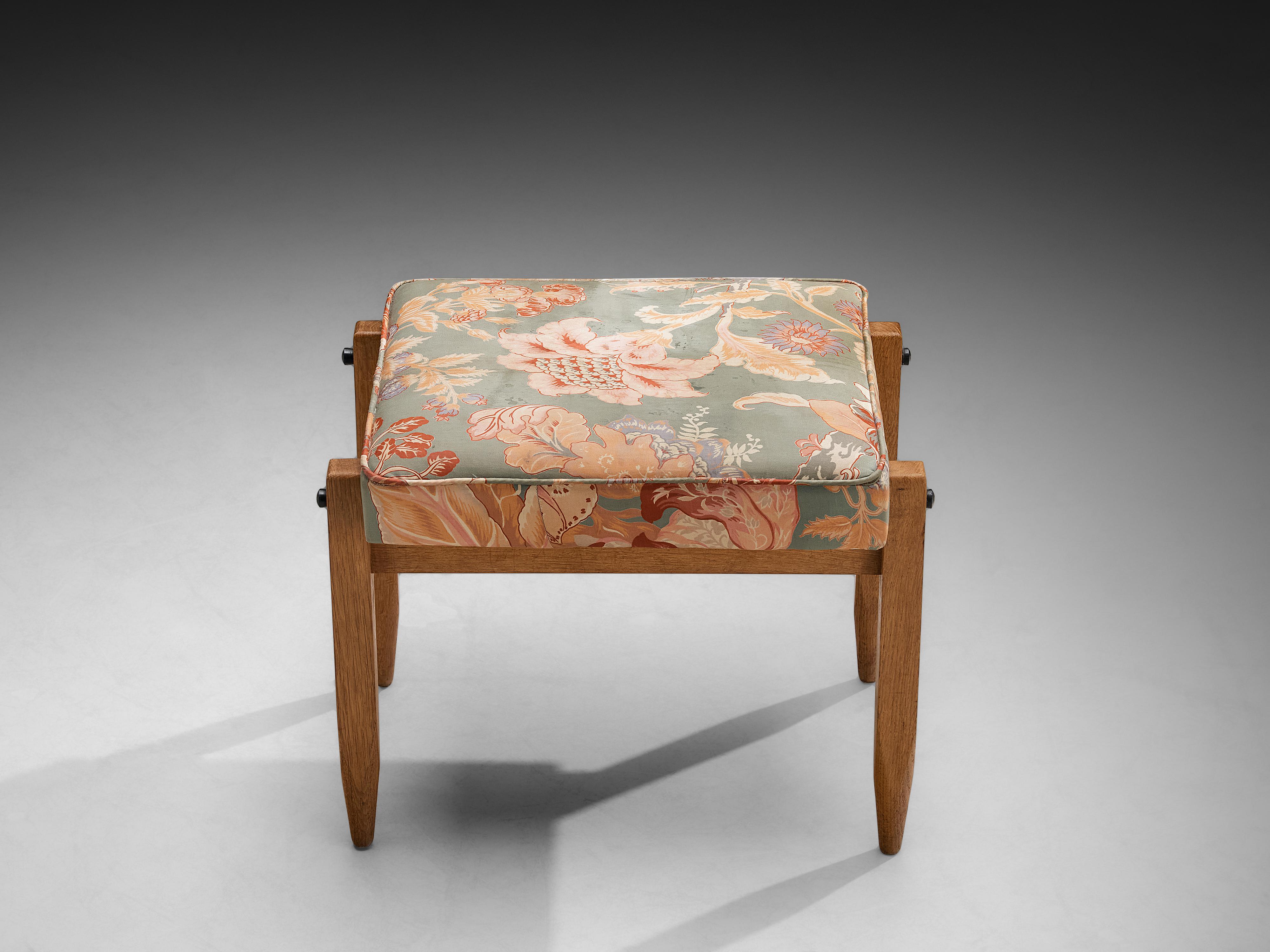 French Guillerme & Chambron Pair of Ottomans in Oak and Patterned Fabric For Sale