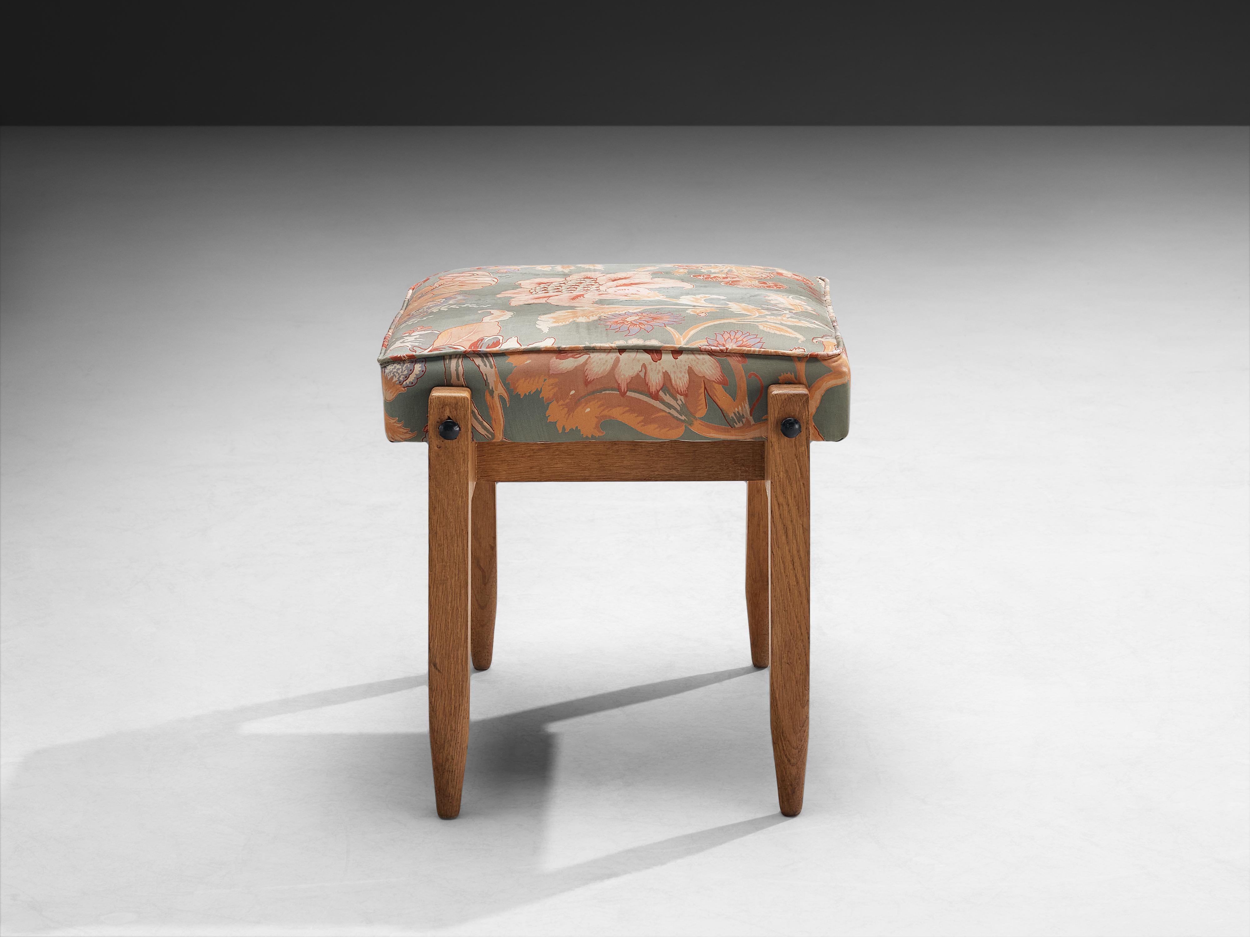 Guillerme & Chambron Pair of Ottomans in Oak and Patterned Fabric For Sale 1
