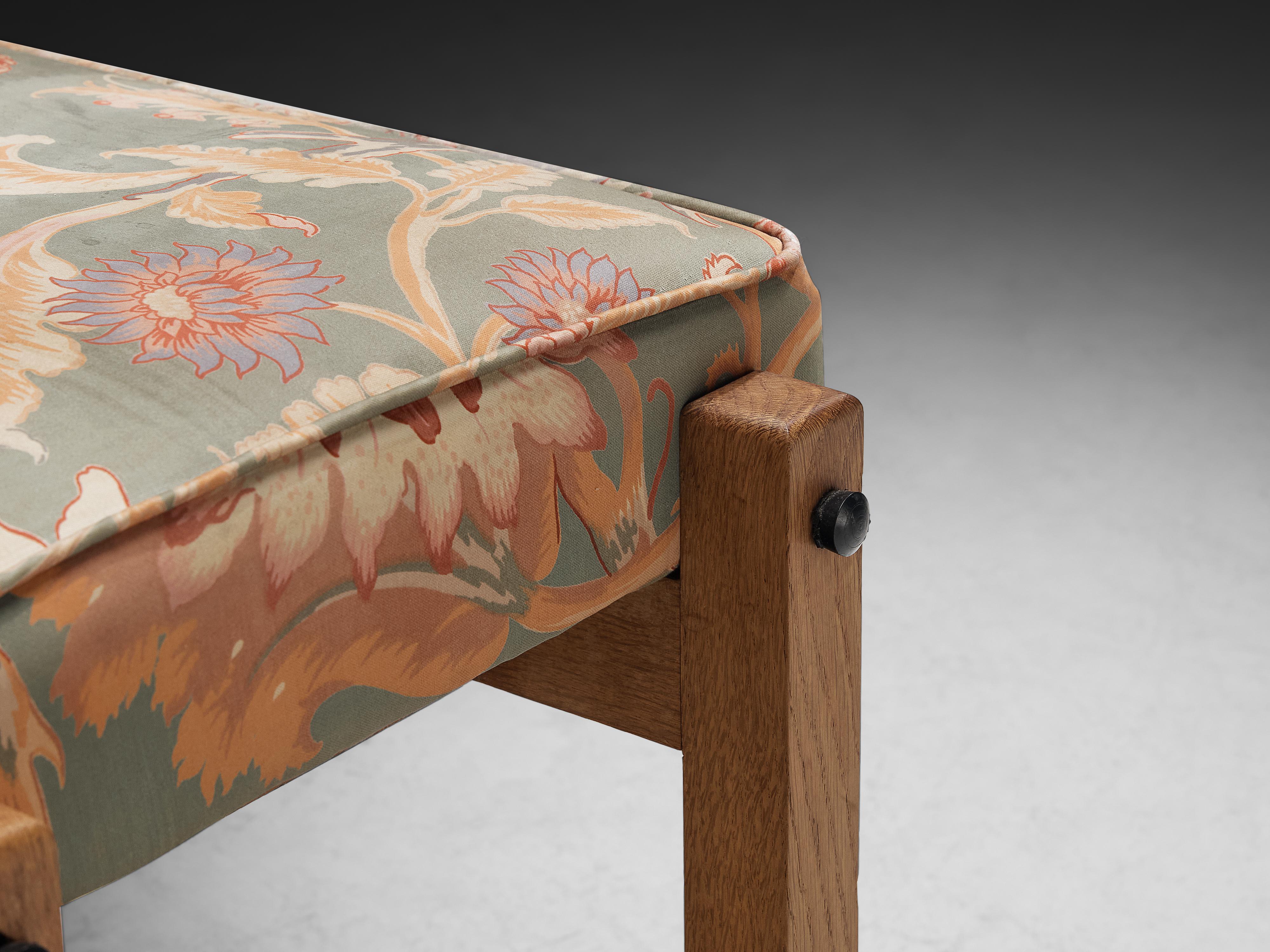 Guillerme & Chambron Pair of Ottomans in Oak and Patterned Fabric For Sale 2