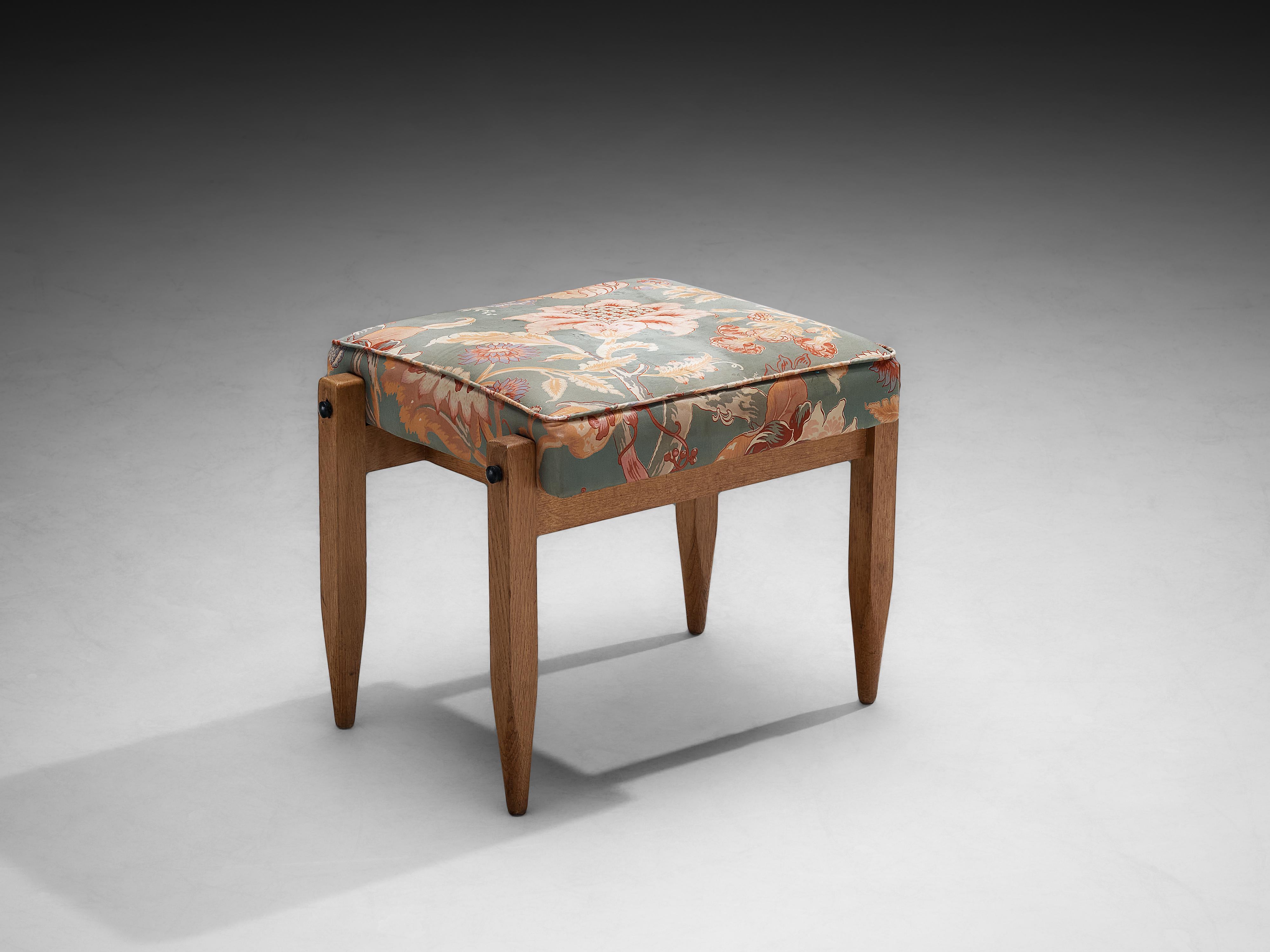 Guillerme & Chambron Pair of Ottomans in Oak and Patterned Fabric For Sale 3