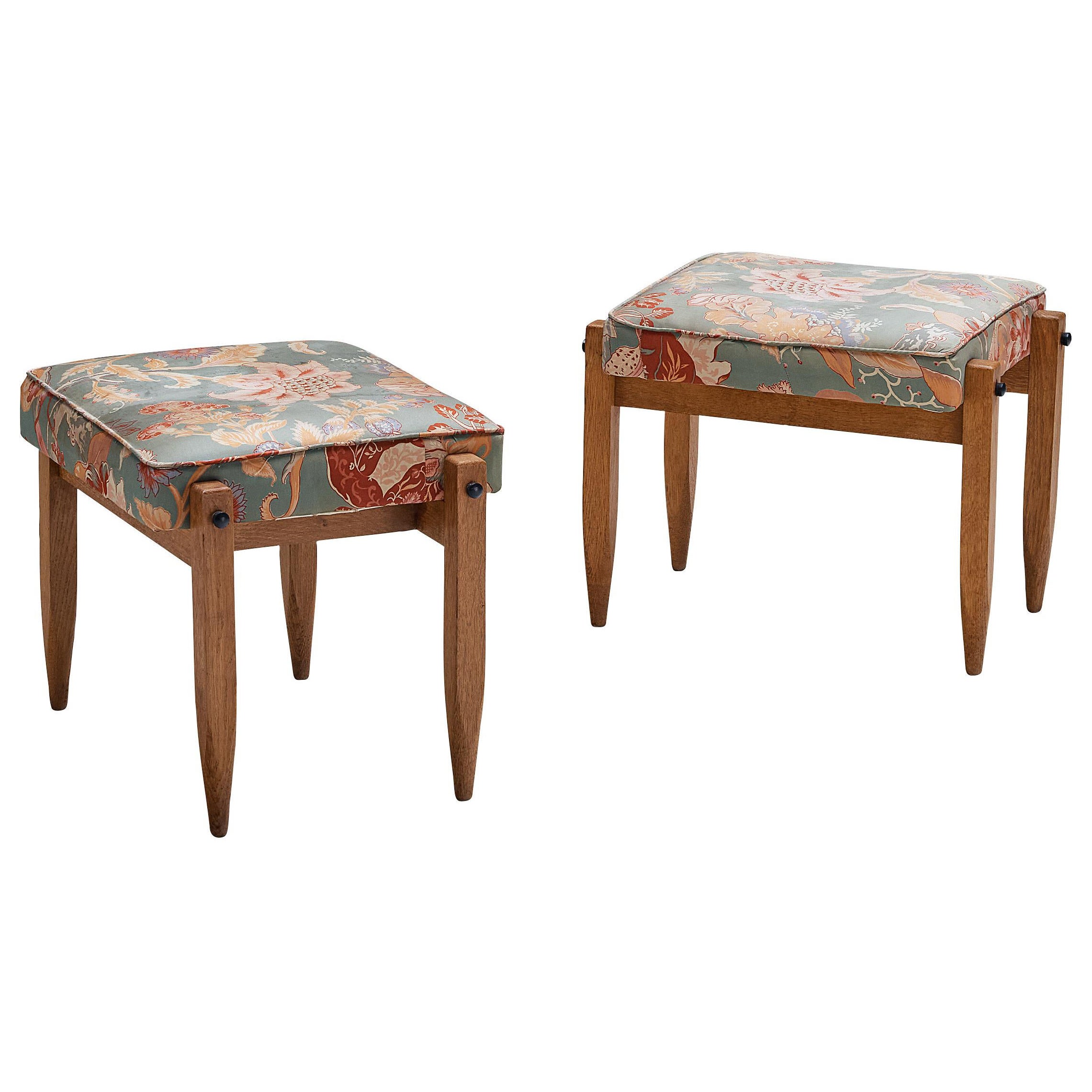 Guillerme 
Chambron Pair of Ottomans in Oak and Patterned Fabric For Sale